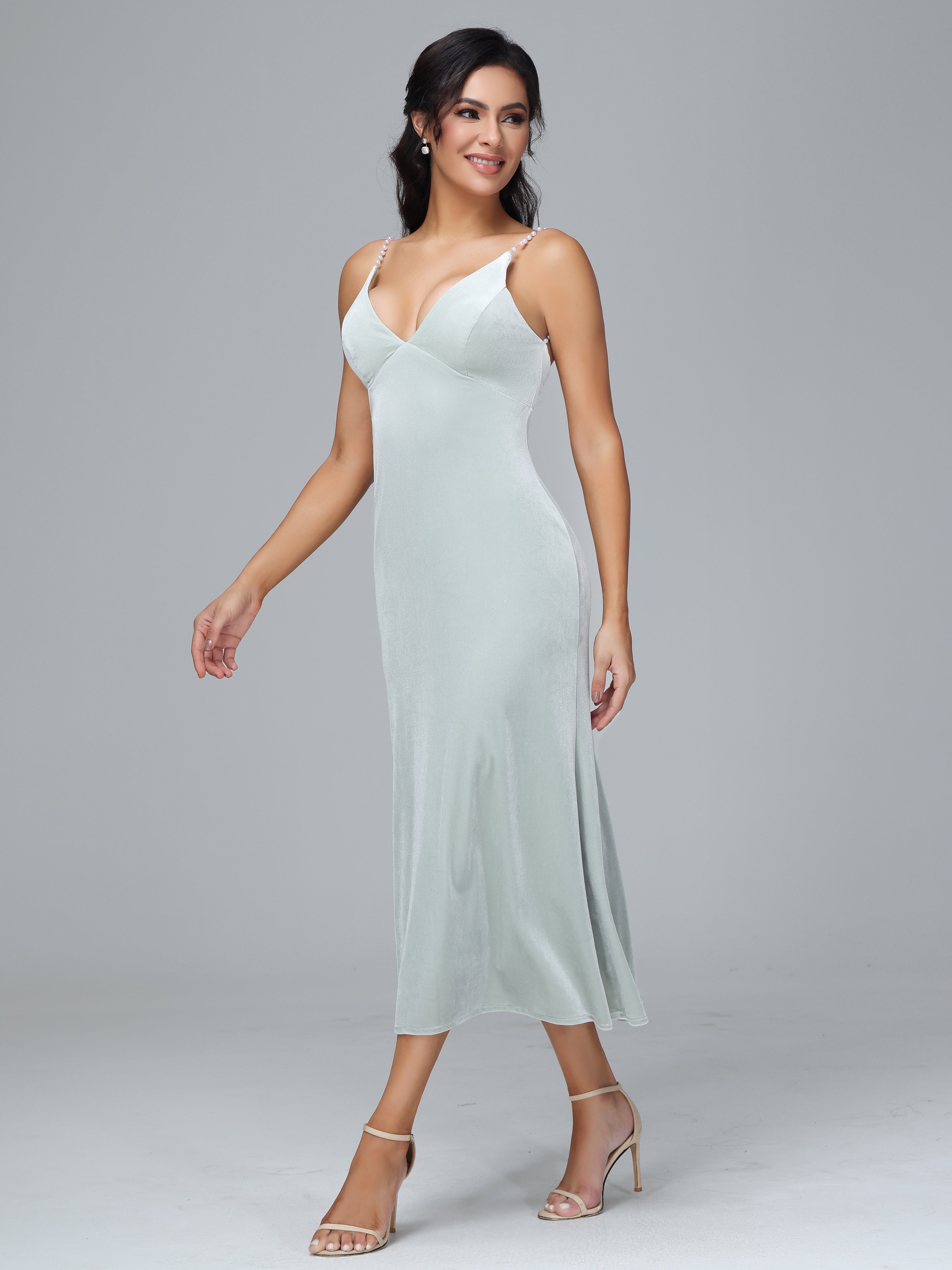 Spaghetti Straps V-Neck Tea Length Velvet Dresses