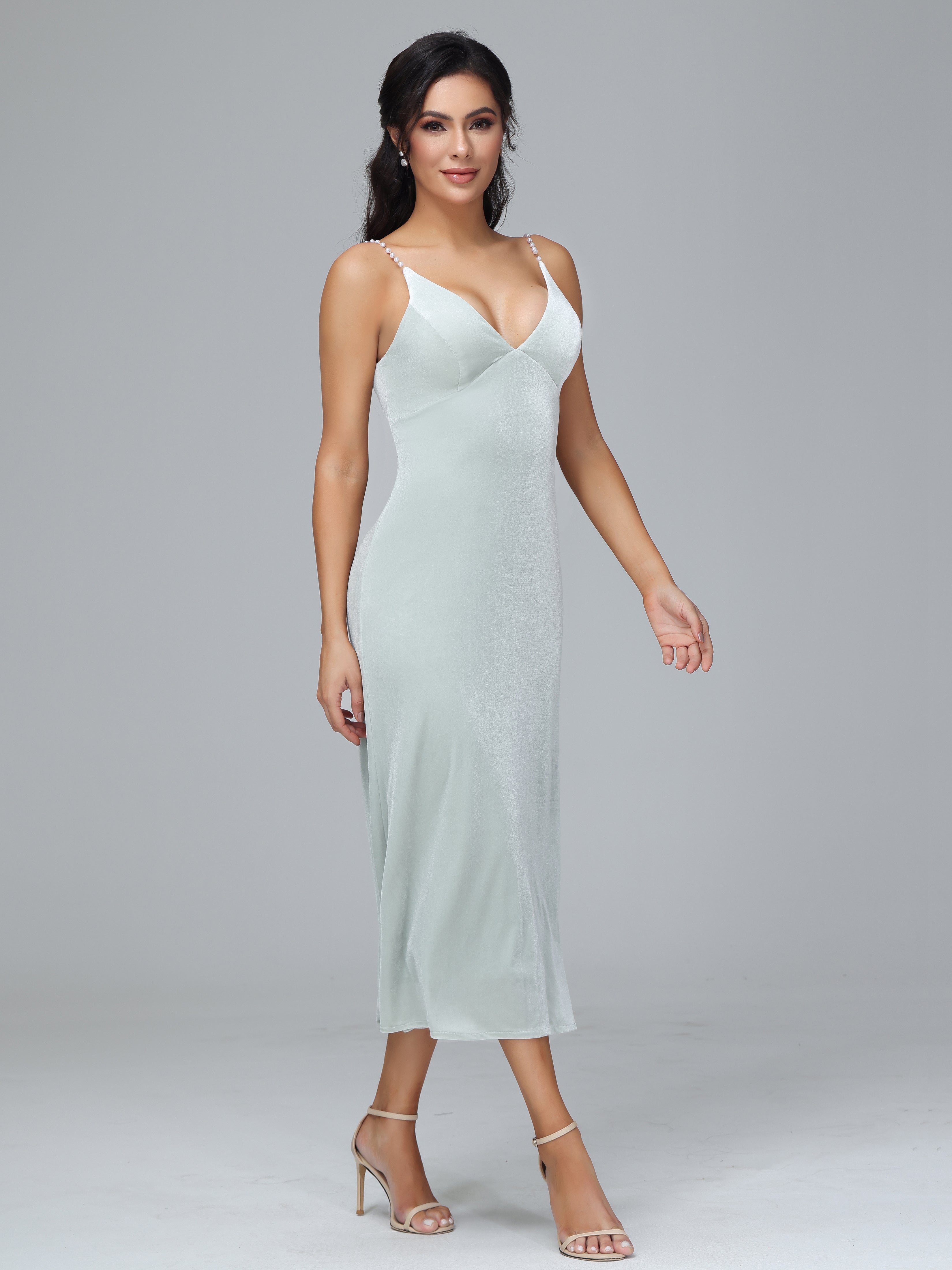Spaghetti Straps V-Neck Tea Length Plus Size Bridesmaid Dresses