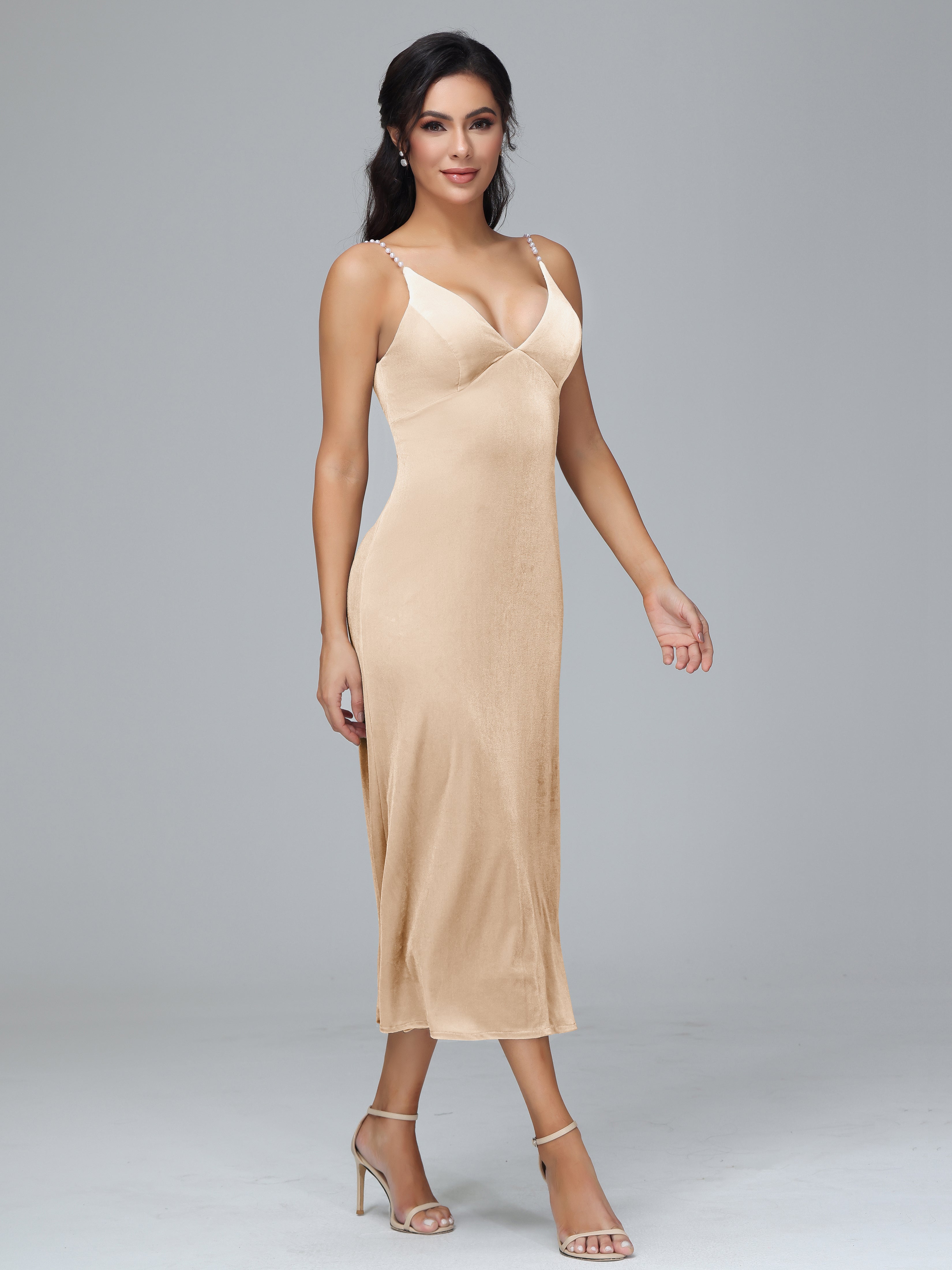 Spaghetti Straps V-Neck Tea Length Plus Size Bridesmaid Dresses