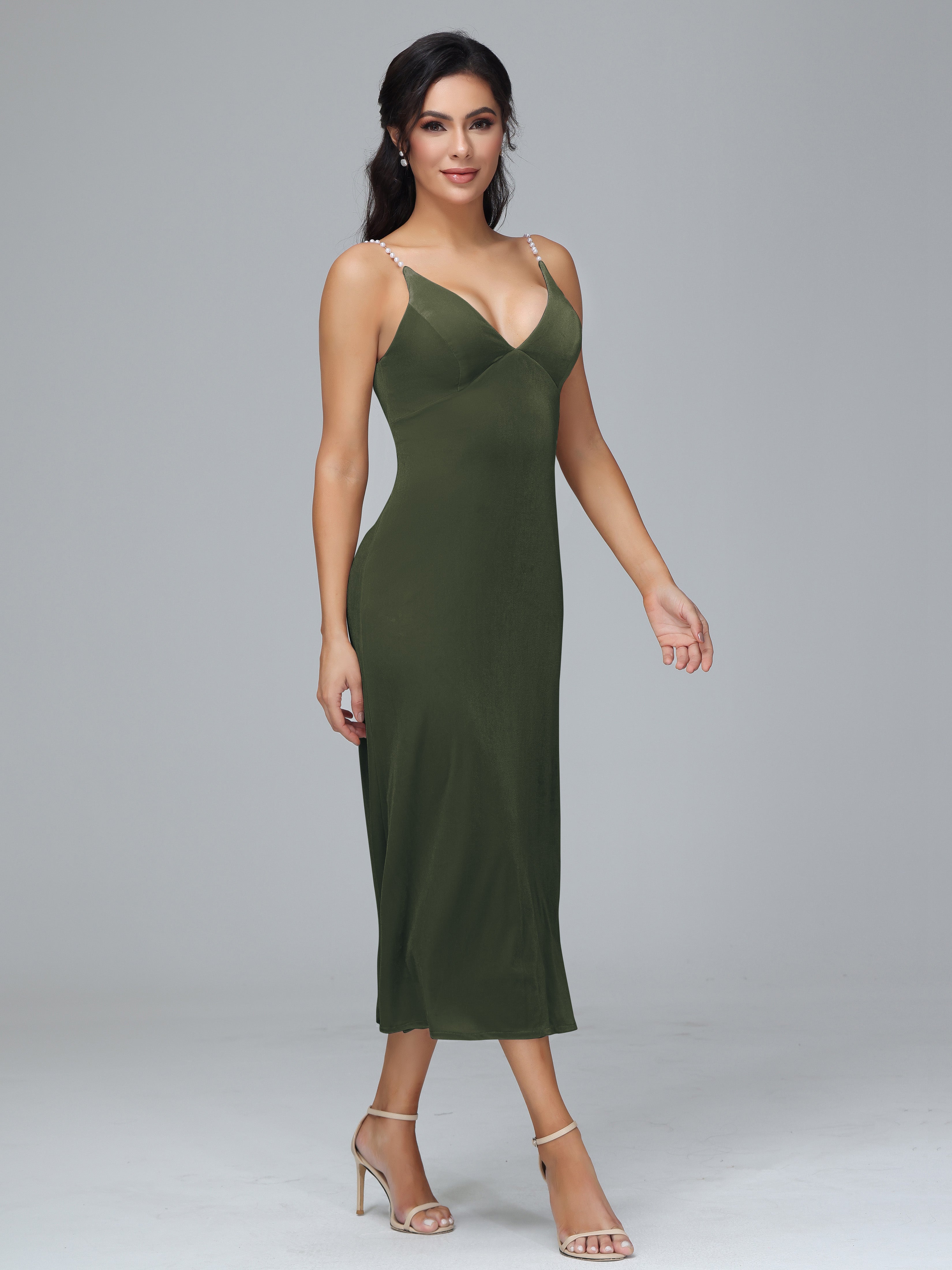 Spaghetti Straps V-Neck Tea Length Plus Size Bridesmaid Dresses