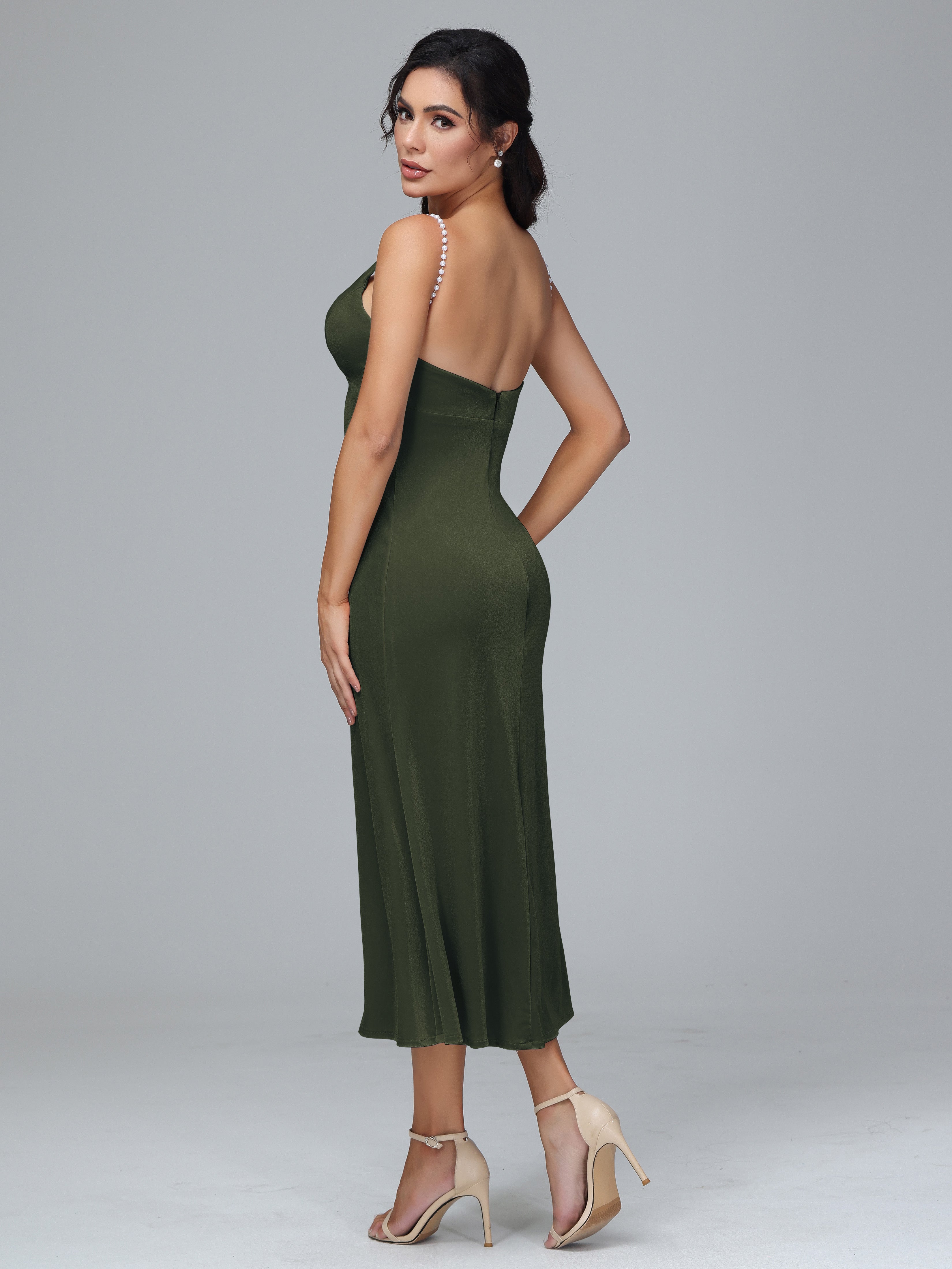 Spaghetti Straps V-Neck Tea Length Velvet Dresses