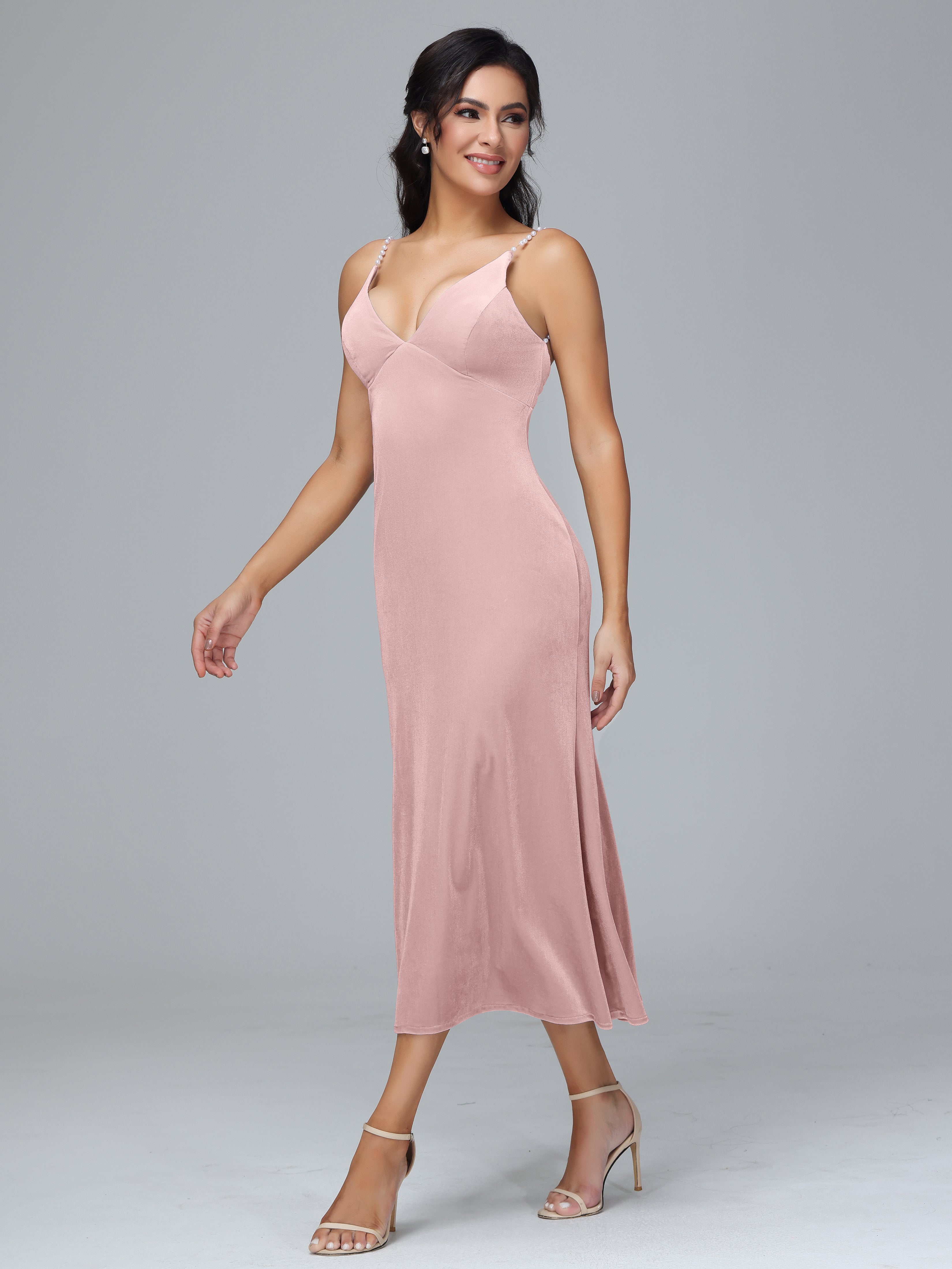 Spaghetti Straps V-Neck Tea Length Velvet Dresses