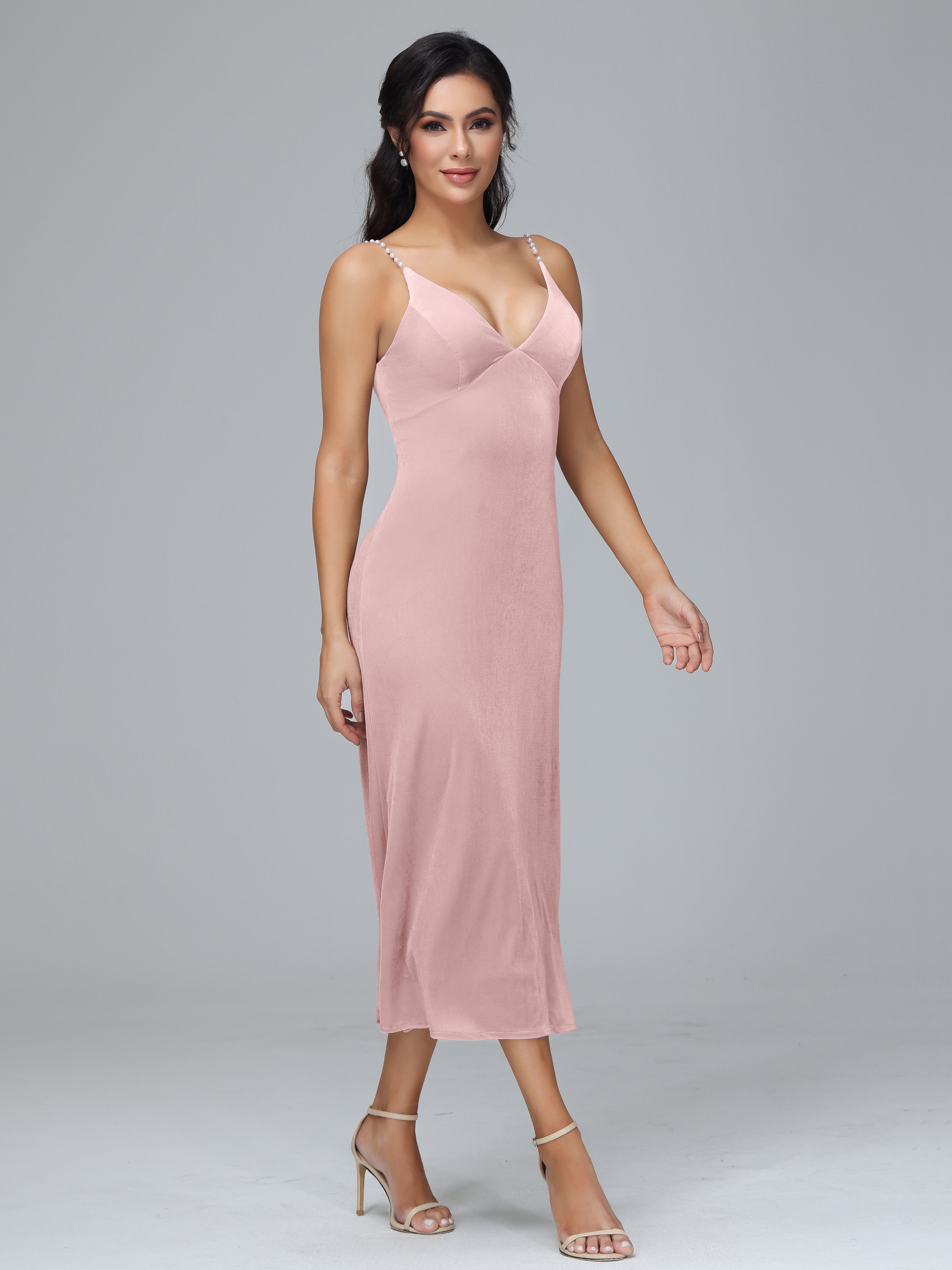 Spaghetti Straps V-Neck Tea Length Plus Size Bridesmaid Dresses