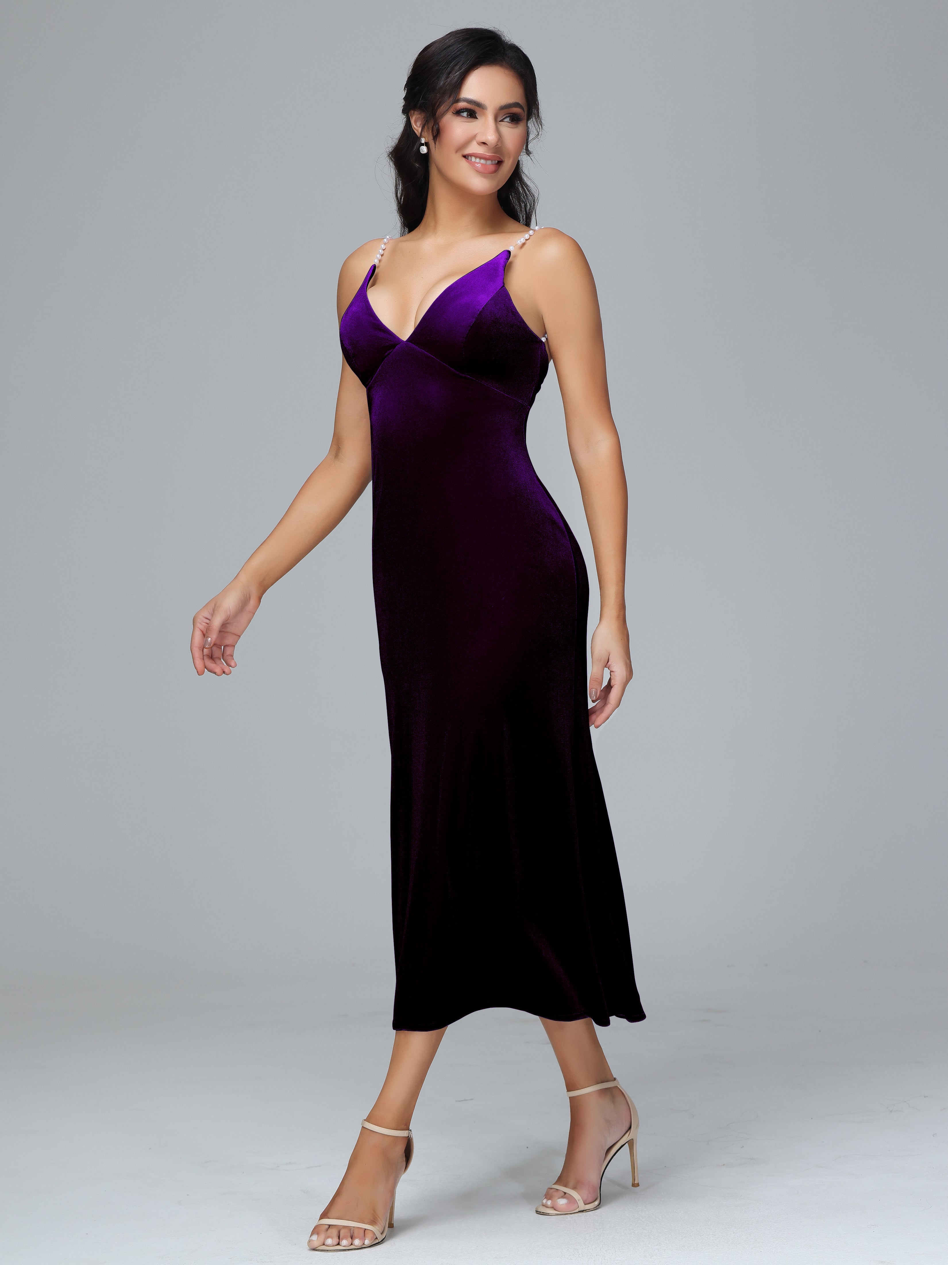 Spaghetti Straps V-Neck Tea Length Plus Size Bridesmaid Dresses