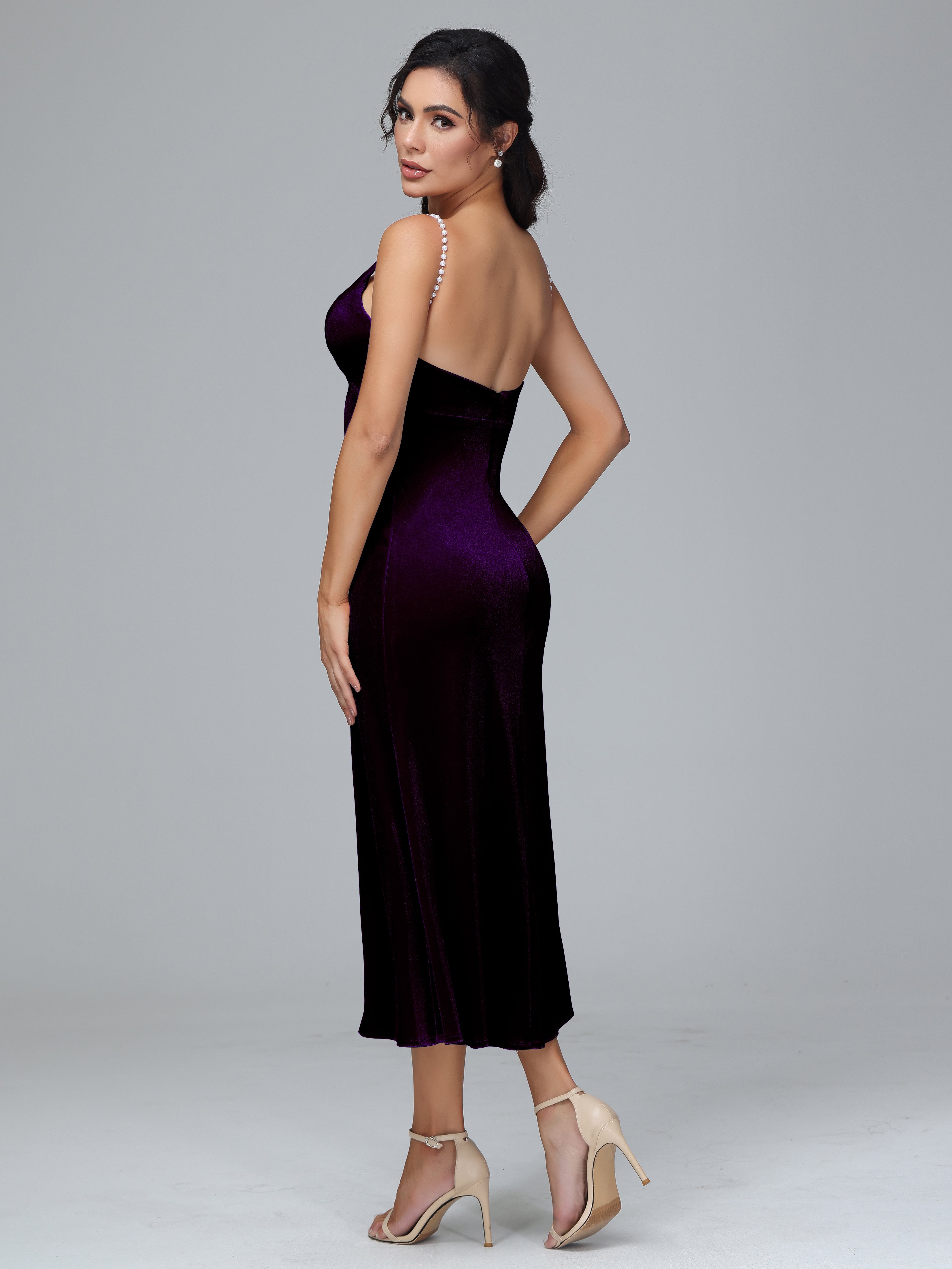 Spaghetti Straps V-Neck Tea Length Velvet Dresses