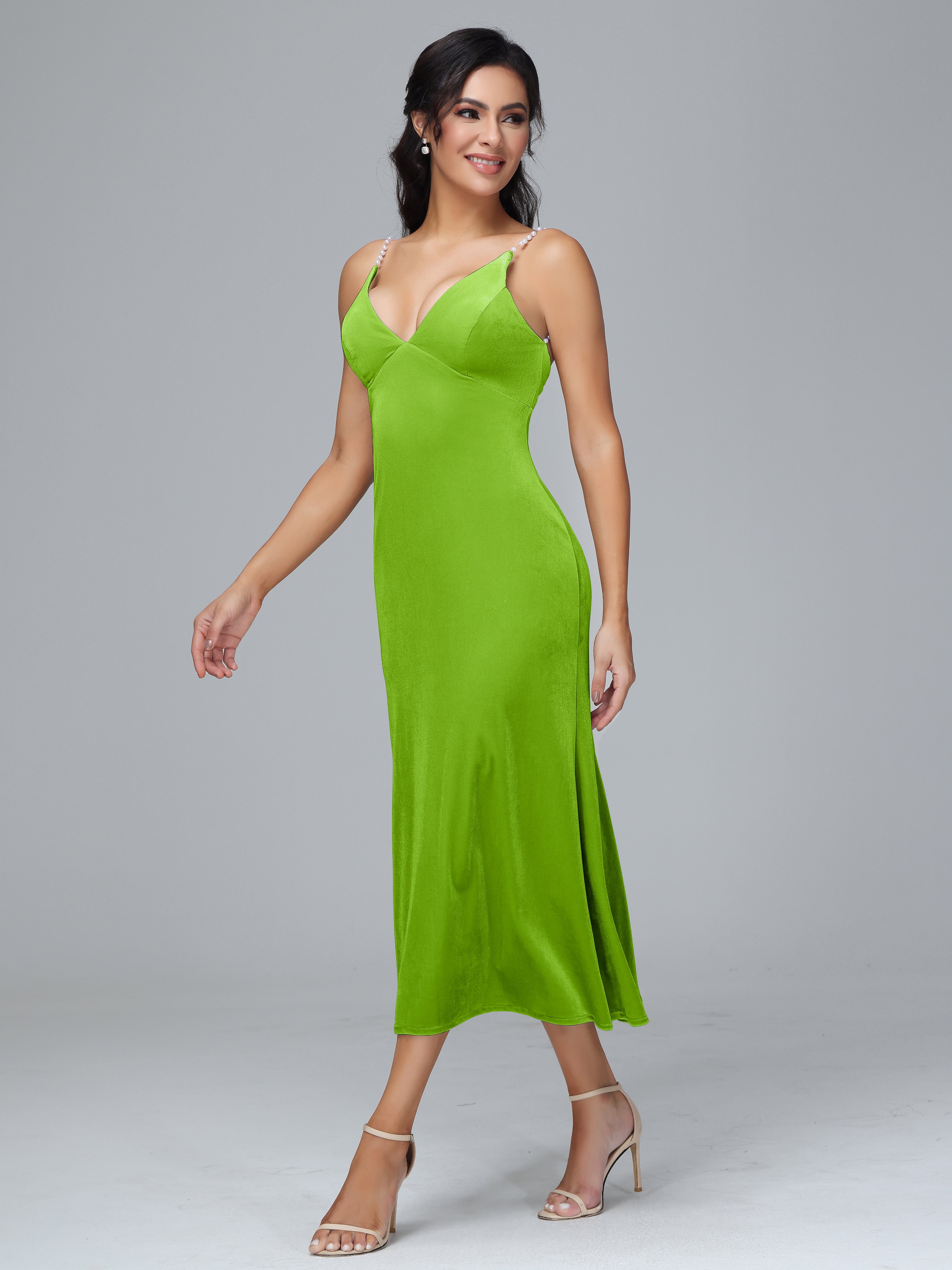 Spaghetti Straps V-Neck Tea Length Plus Size Bridesmaid Dresses