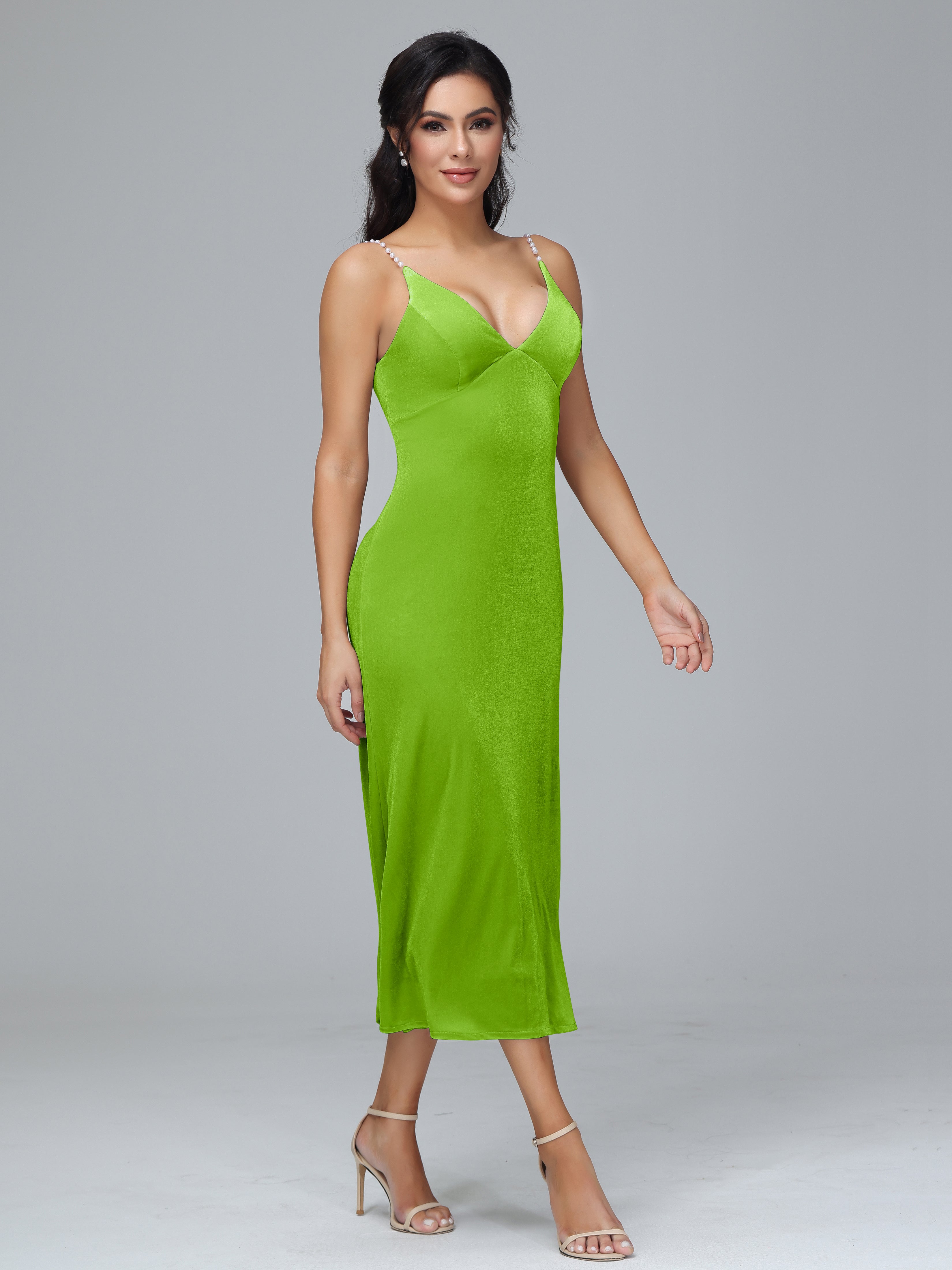 Spaghetti Straps V-Neck Tea Length Velvet Dresses
