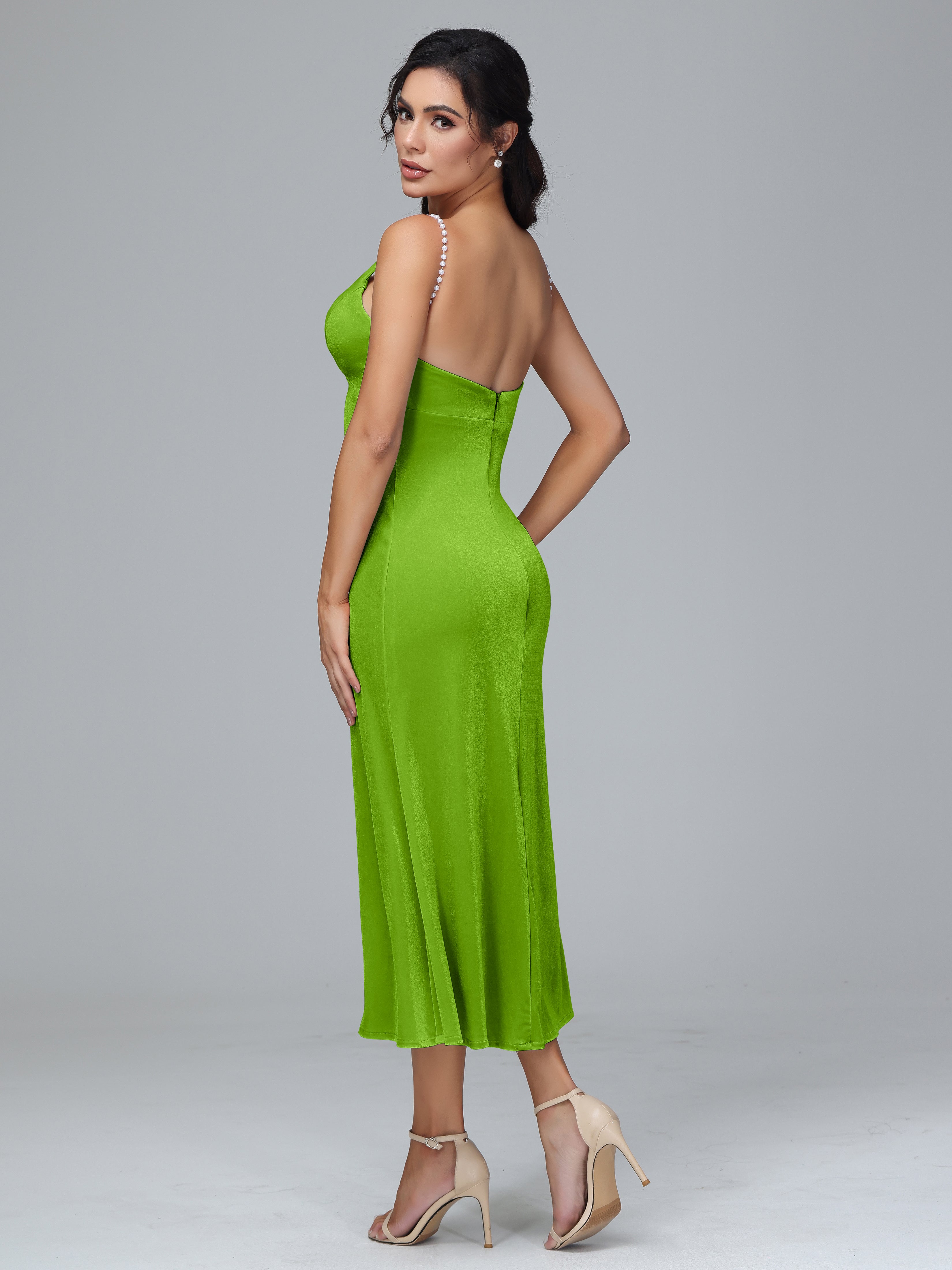 Spaghetti Straps V-Neck Tea Length Plus Size Bridesmaid Dresses