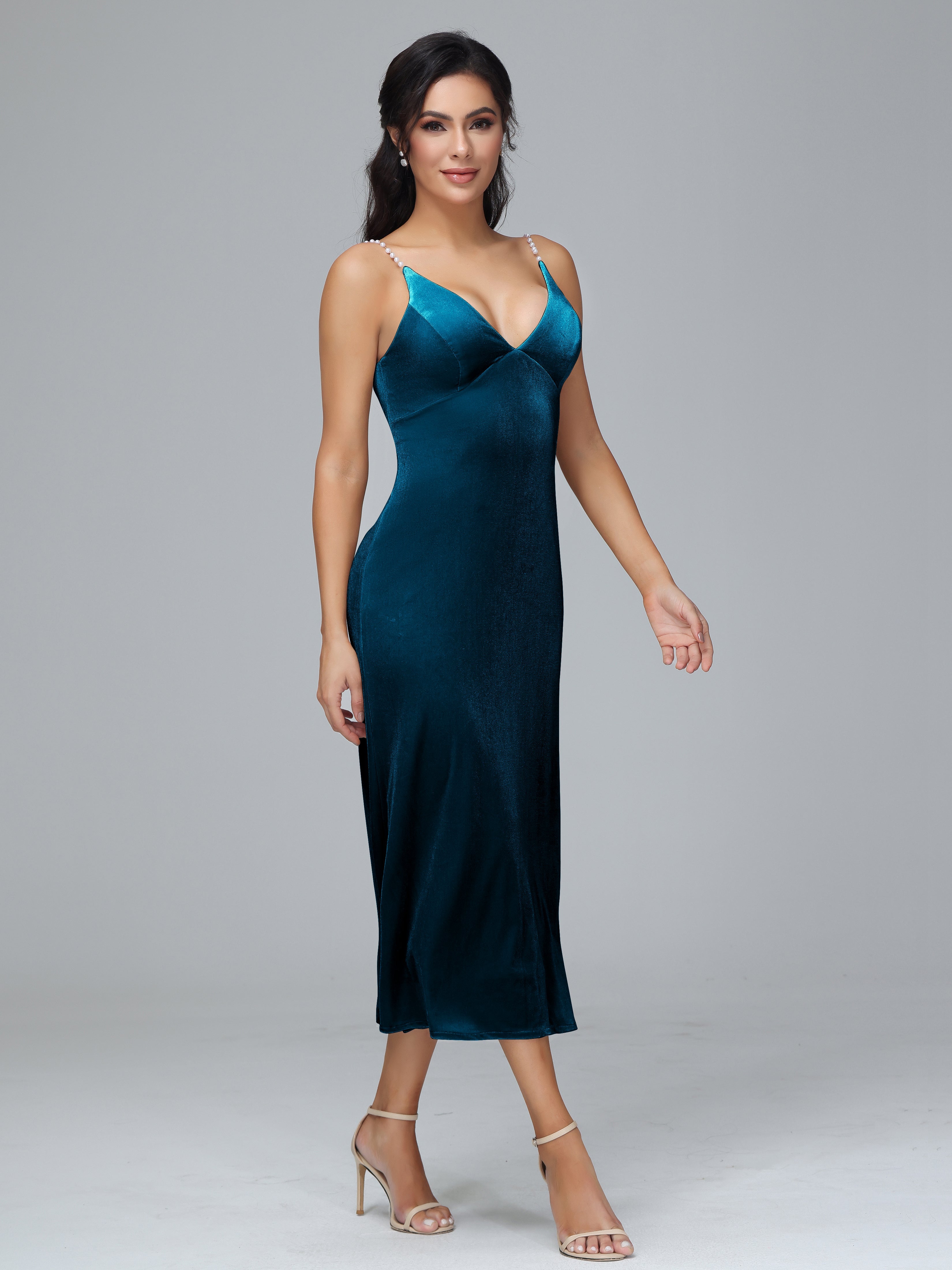 Spaghetti Straps V-Neck Tea Length Plus Size Bridesmaid Dresses