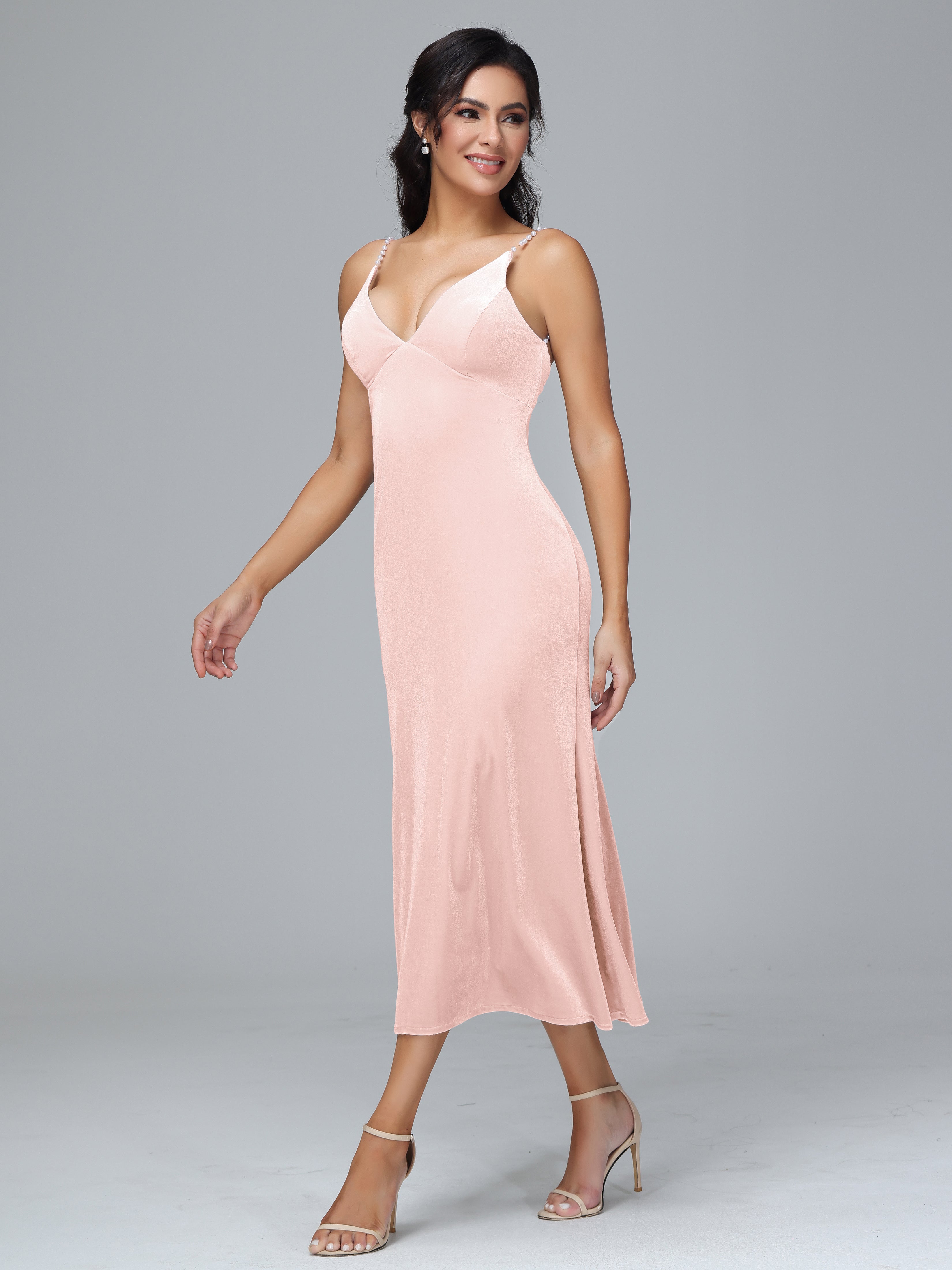 Spaghetti Straps V-Neck Tea Length Velvet Dresses