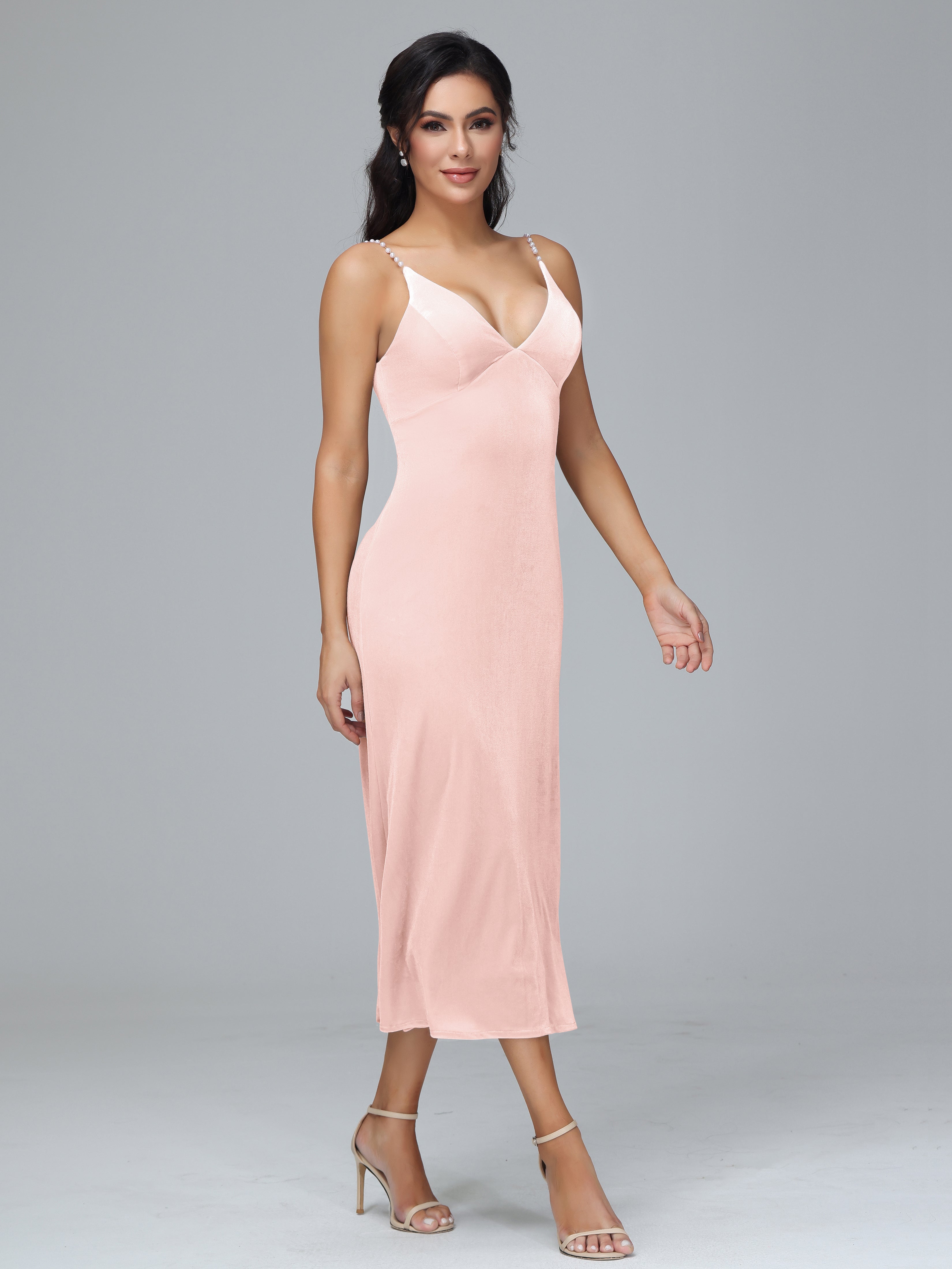 Spaghetti Straps V-Neck Tea Length Plus Size Bridesmaid Dresses