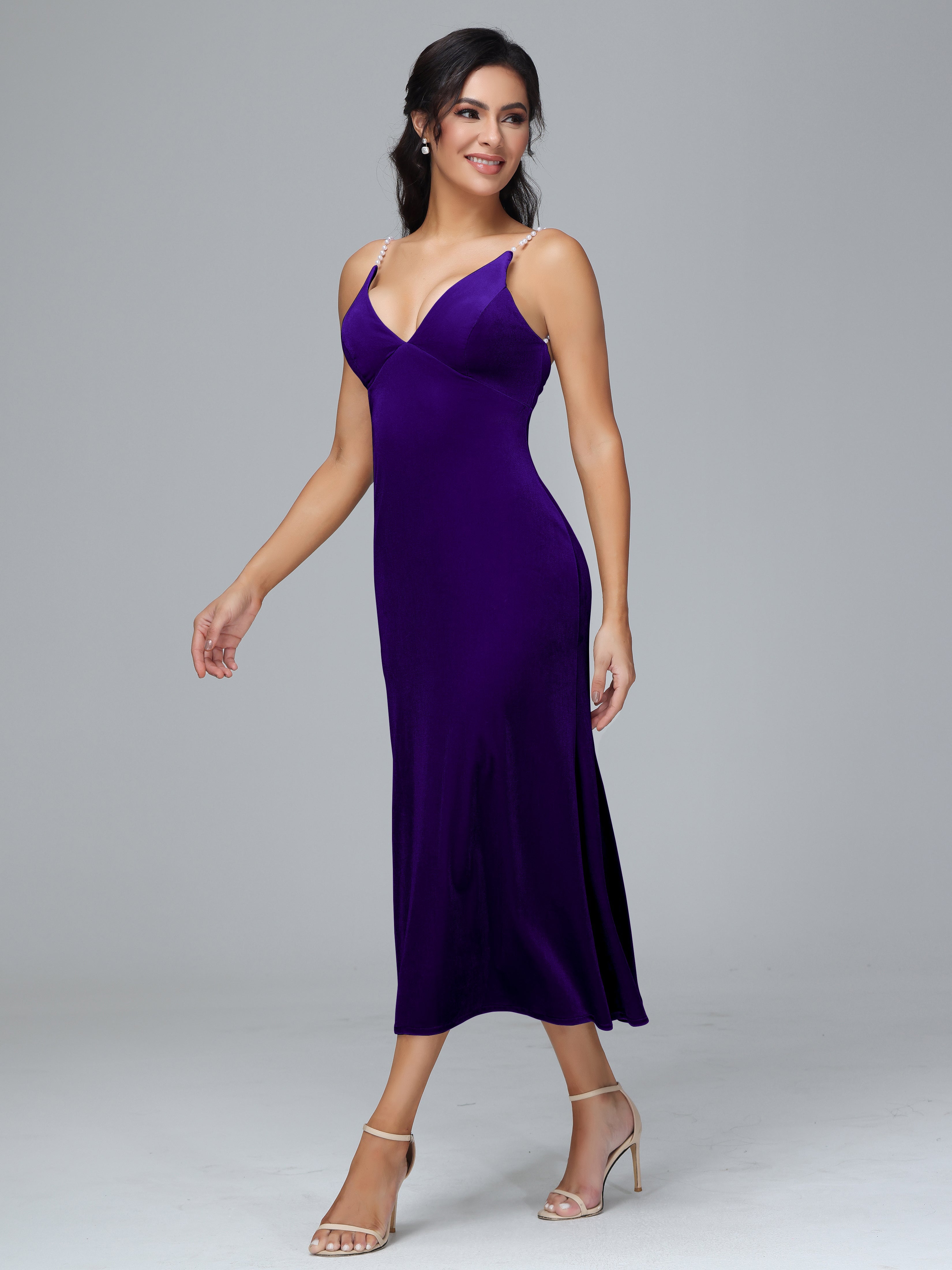 Spaghetti Straps V-Neck Tea Length Plus Size Bridesmaid Dresses