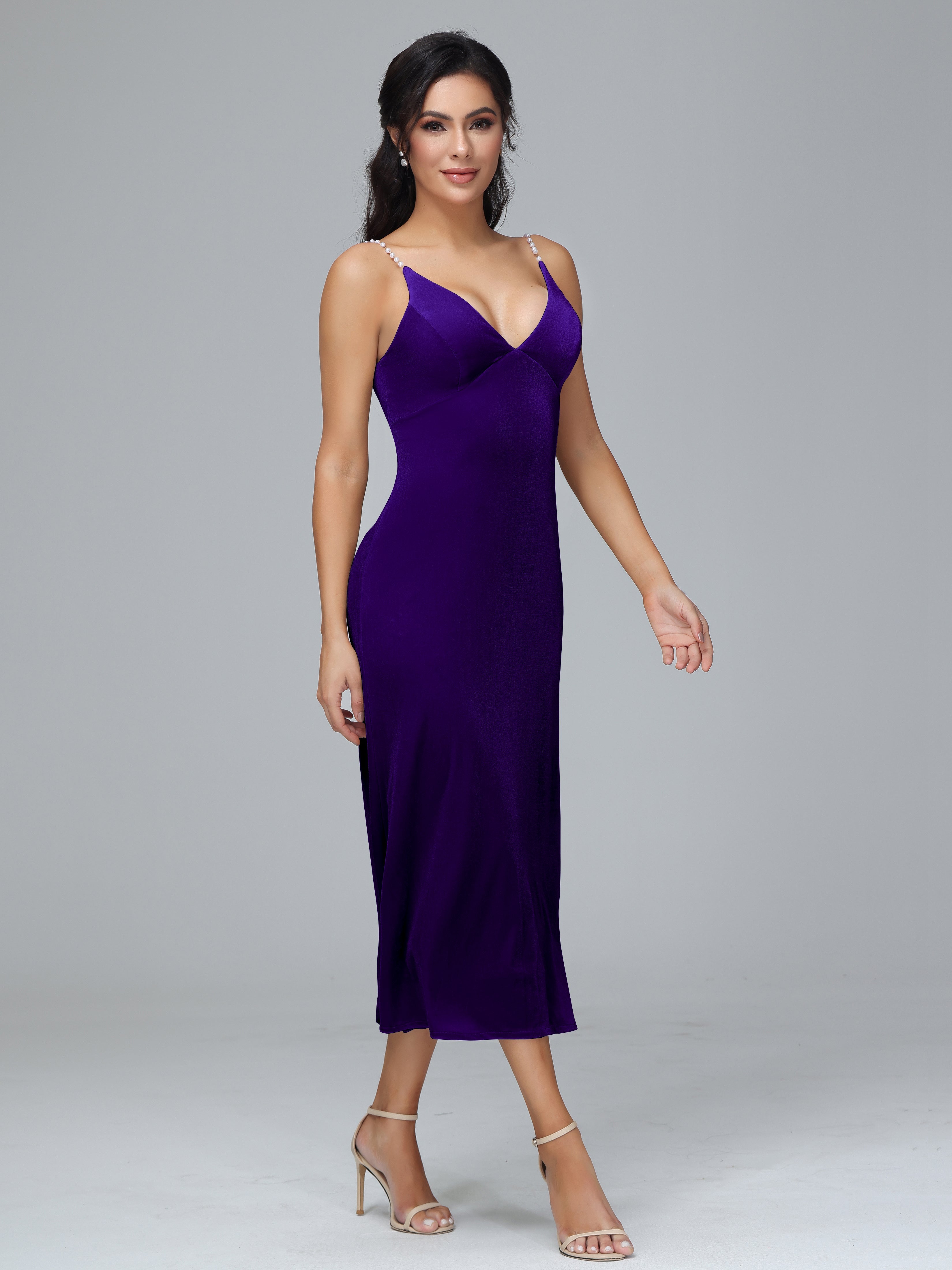 Spaghetti Straps V-Neck Tea Length Plus Size Bridesmaid Dresses