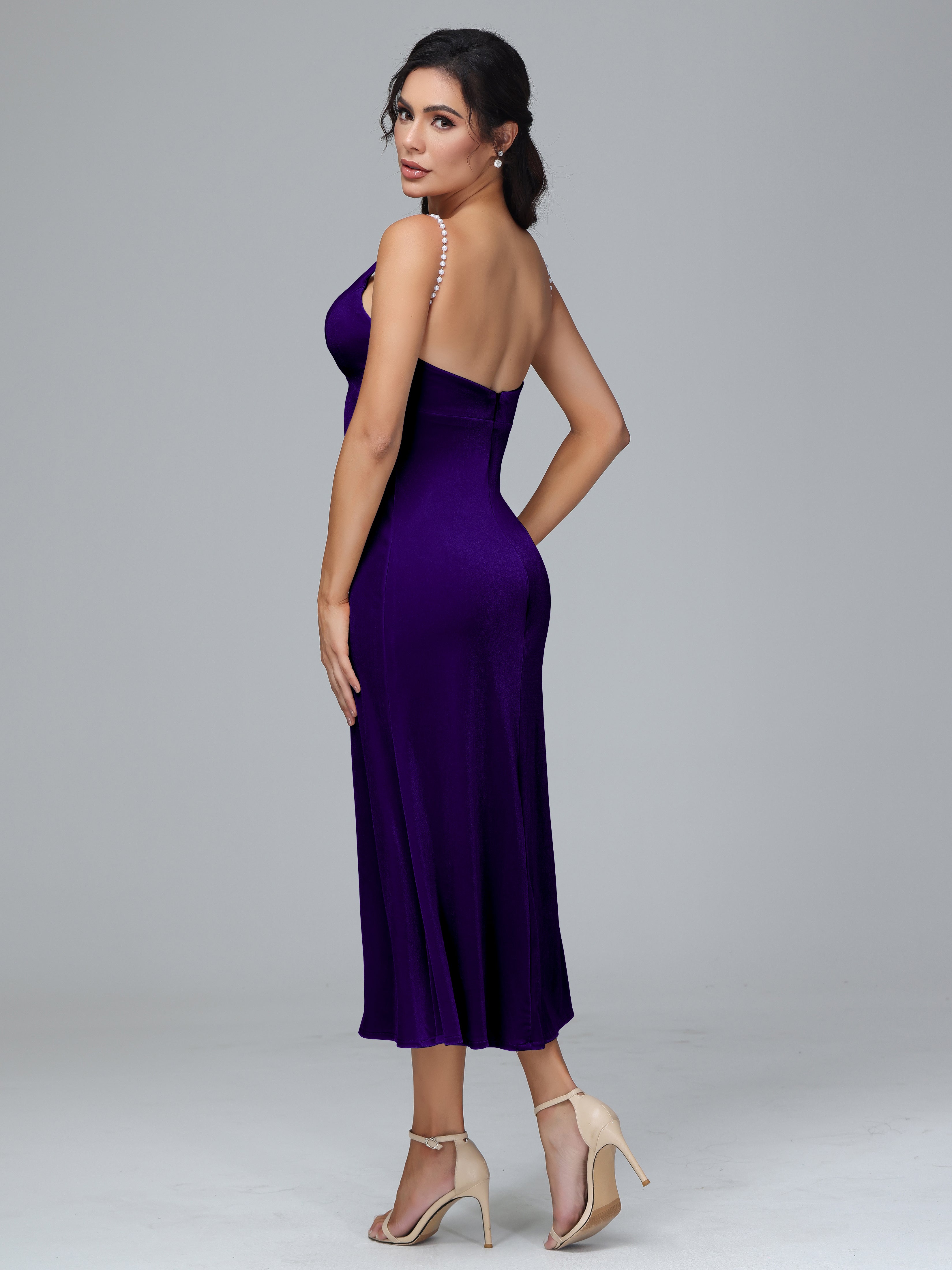 Spaghetti Straps V-Neck Tea Length Velvet Dresses