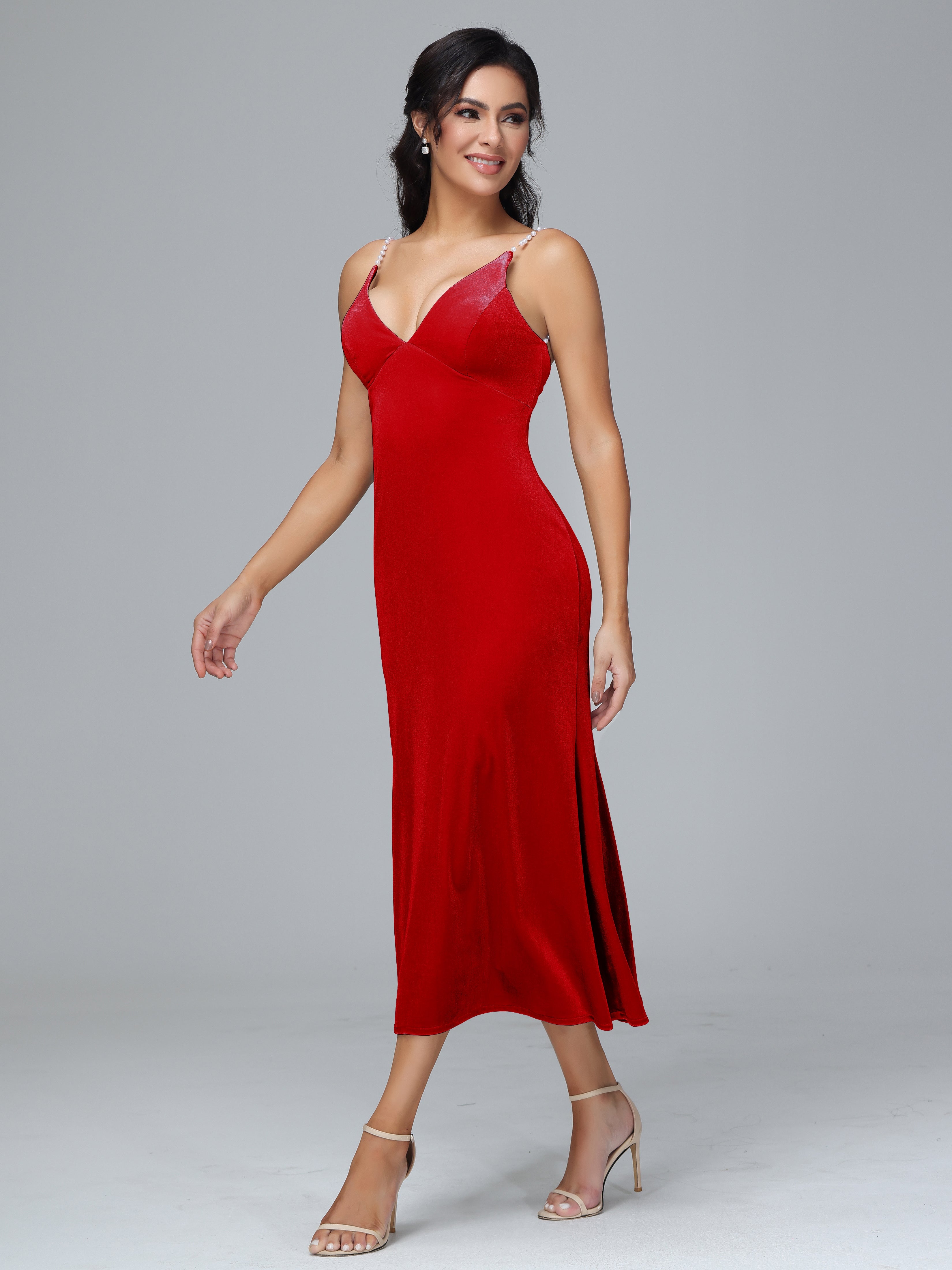 Spaghetti Straps V-Neck Tea Length Plus Size Bridesmaid Dresses