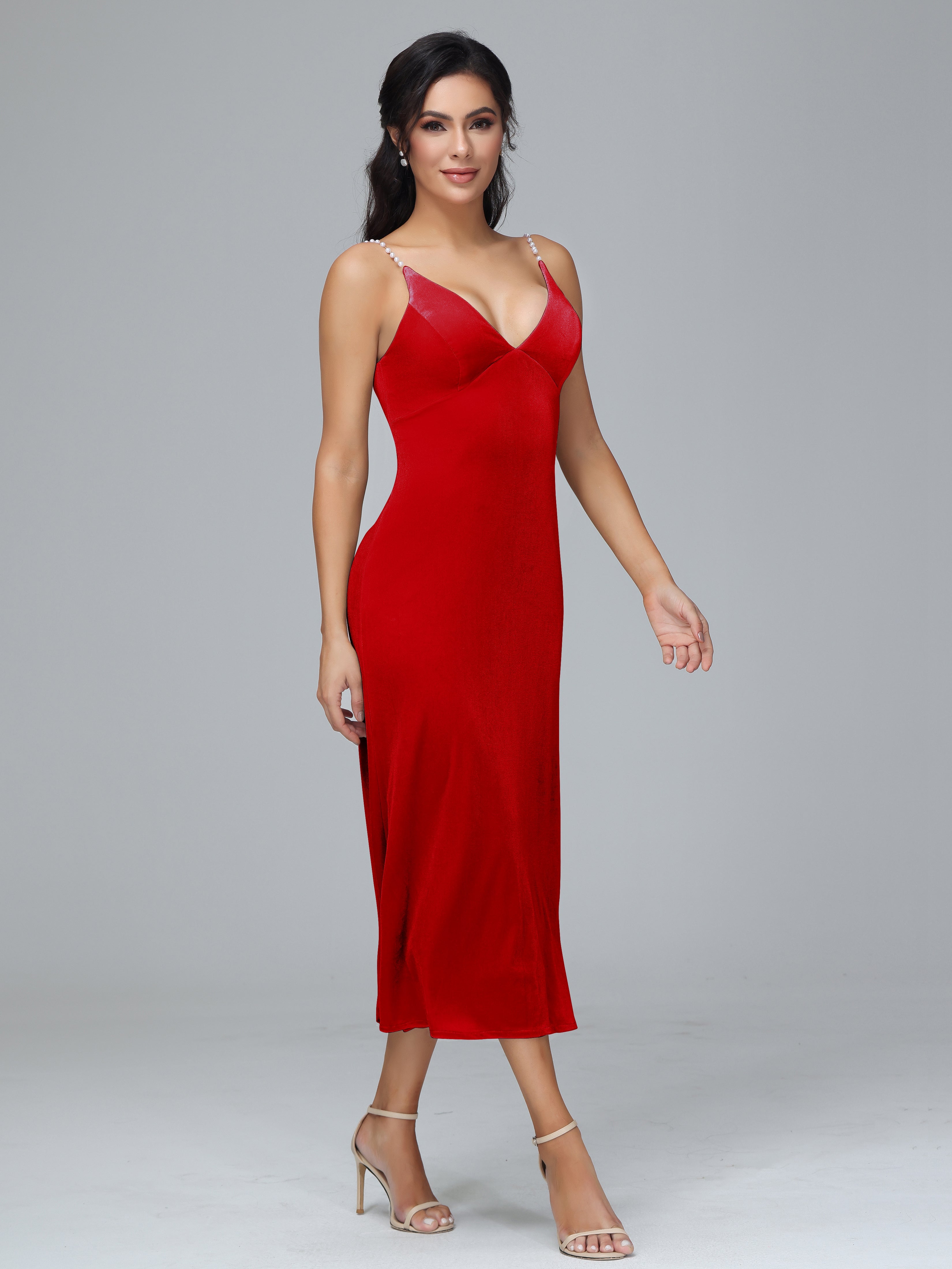 Spaghetti Straps V-Neck Tea Length Plus Size Bridesmaid Dresses