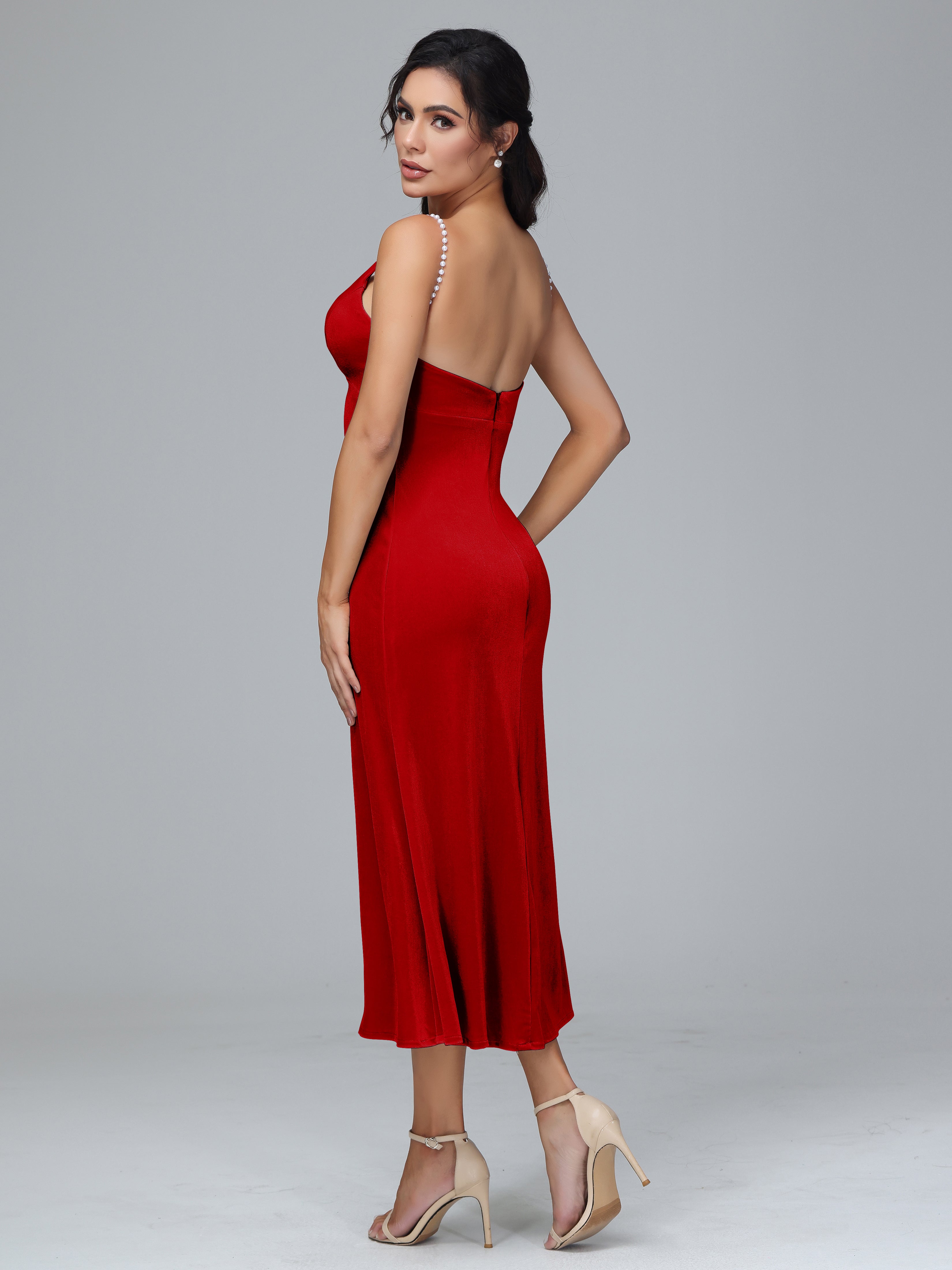 Spaghetti Straps V-Neck Tea Length Velvet Dresses