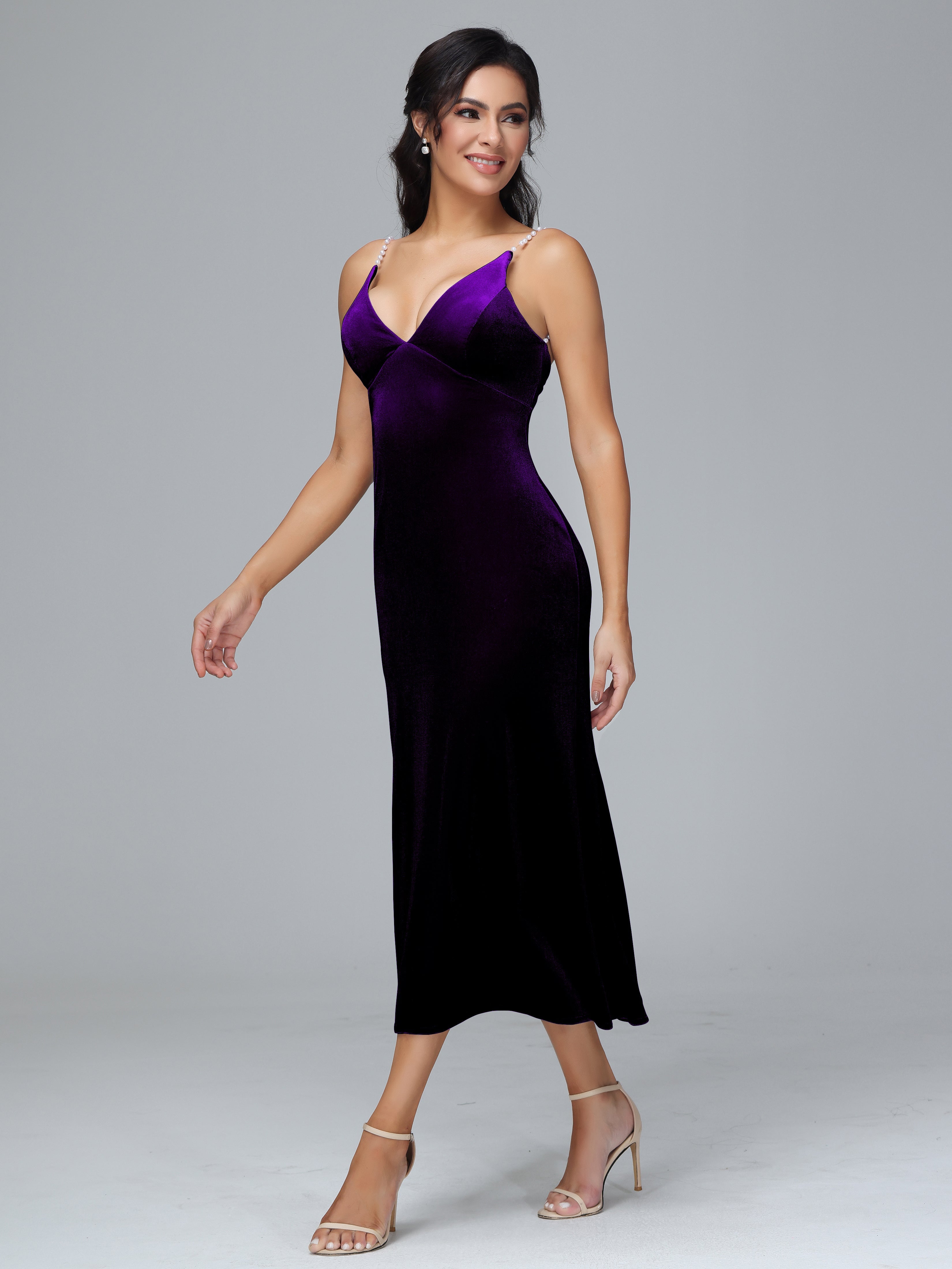 Spaghetti Straps V-Neck Tea Length Plus Size Bridesmaid Dresses