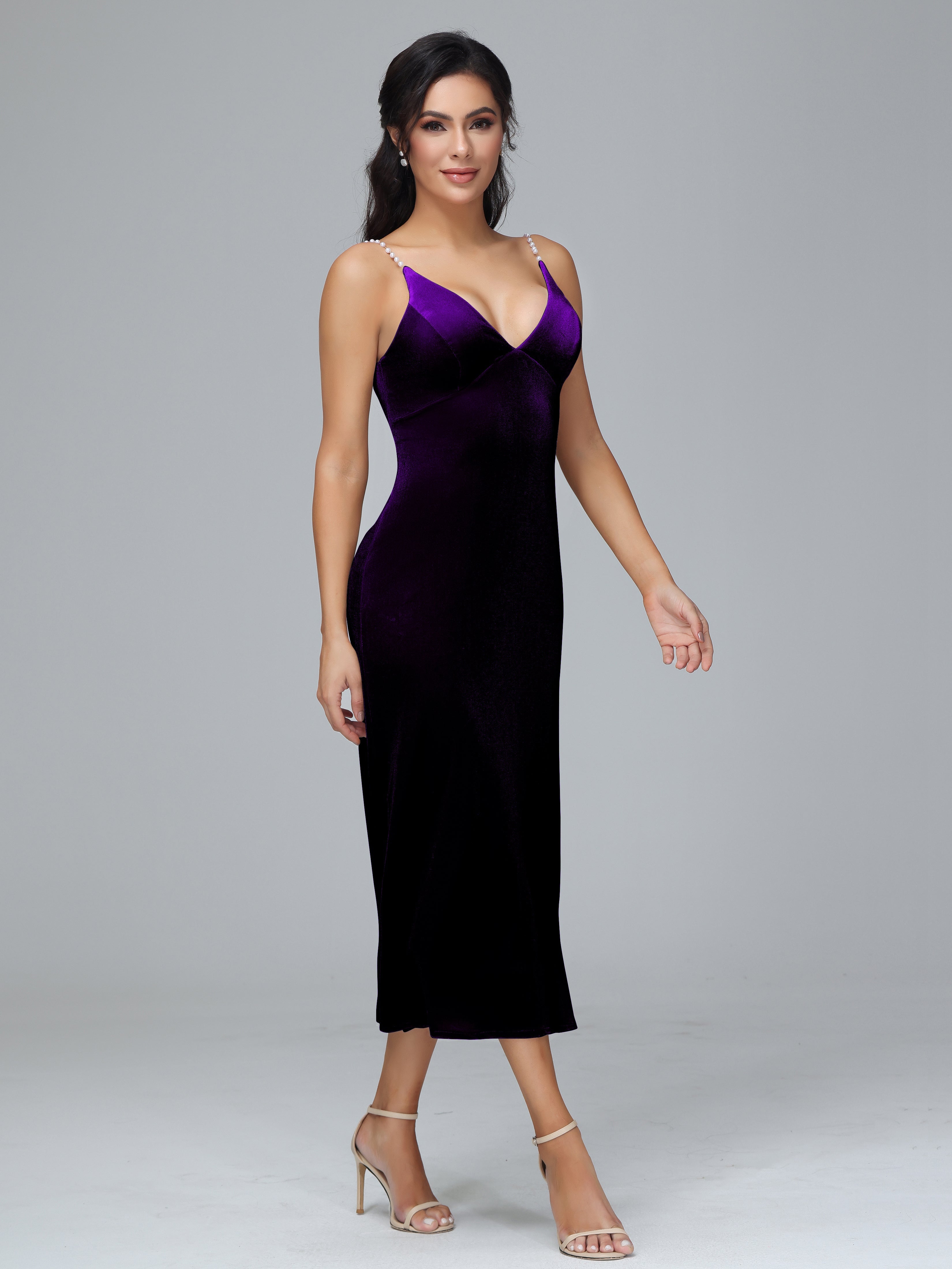 Spaghetti Straps V-Neck Tea Length Plus Size Bridesmaid Dresses