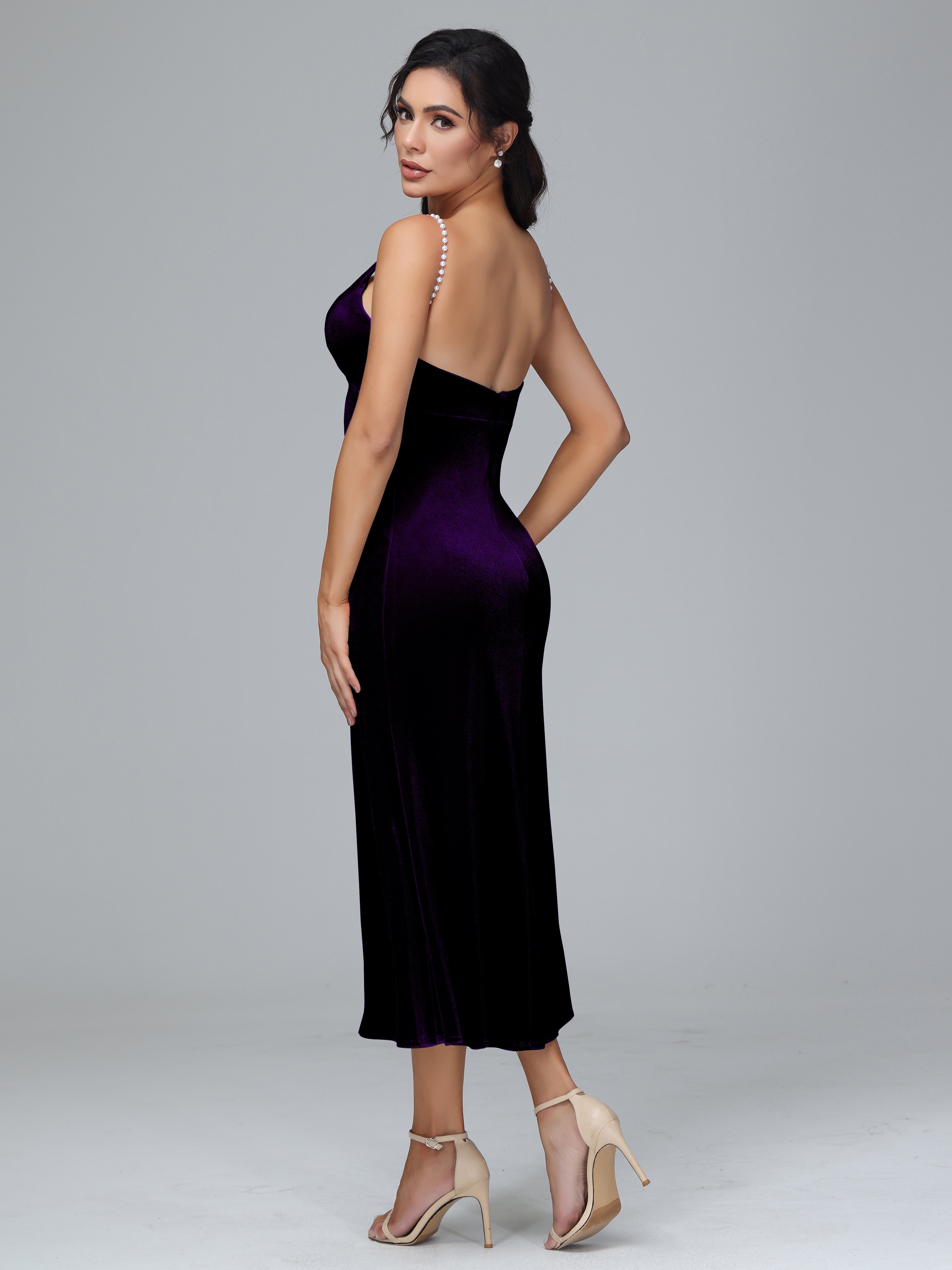 Spaghetti Straps V-Neck Tea Length Velvet Dresses