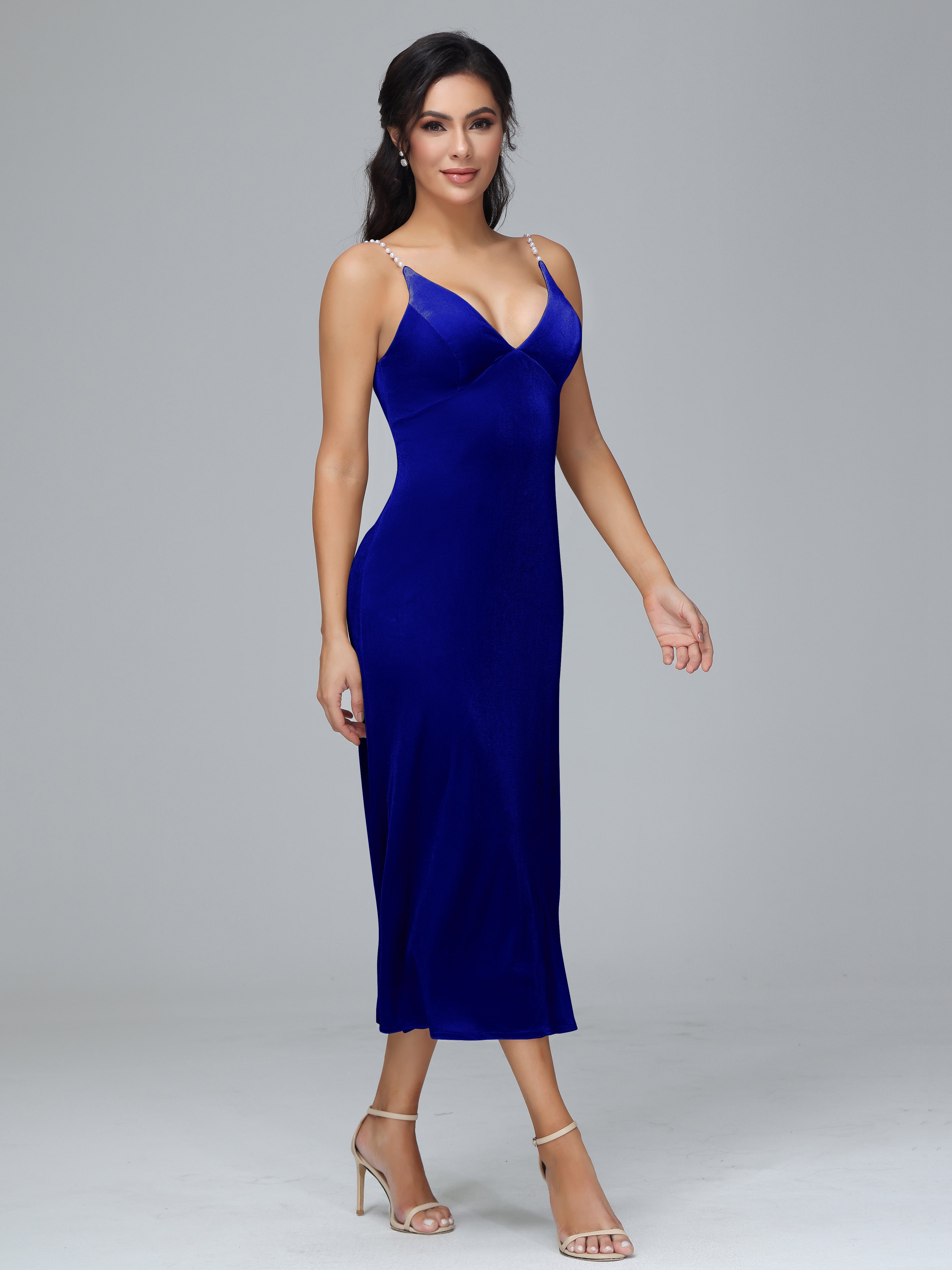 Spaghetti Straps V-Neck Tea Length Plus Size Bridesmaid Dresses