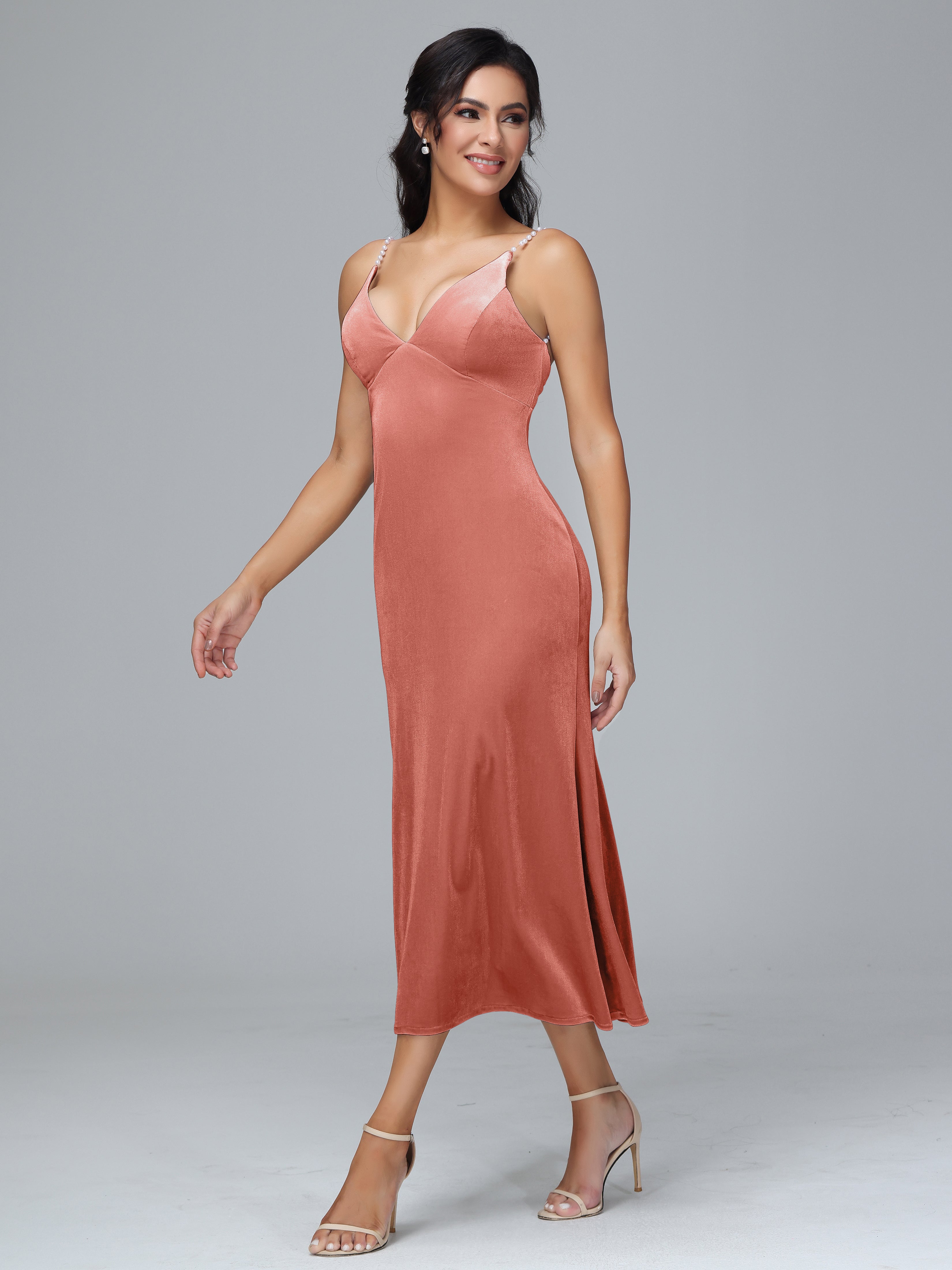 Spaghetti Straps V-Neck Tea Length Plus Size Bridesmaid Dresses