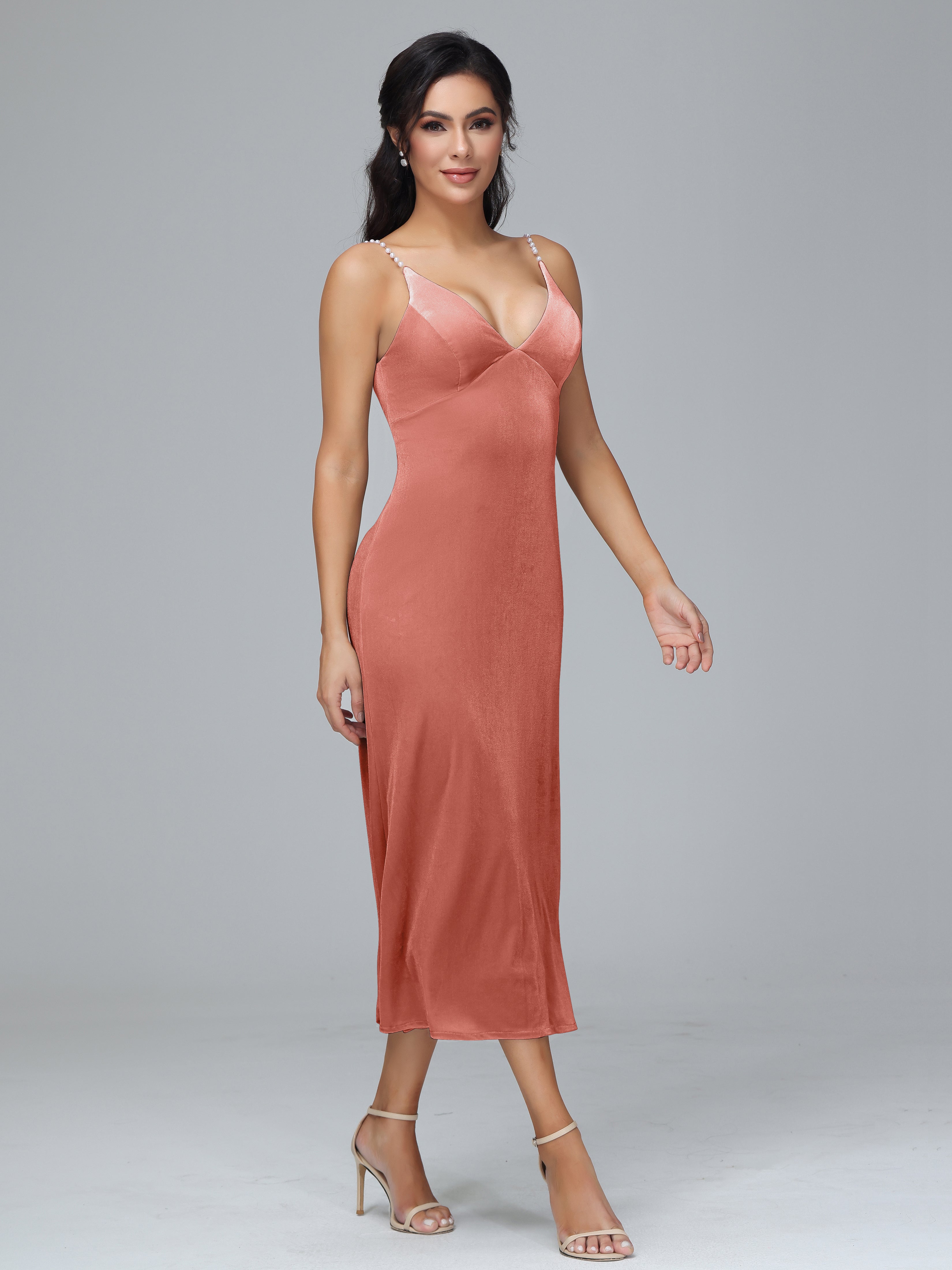 Spaghetti Straps V-Neck Tea Length Plus Size Bridesmaid Dresses