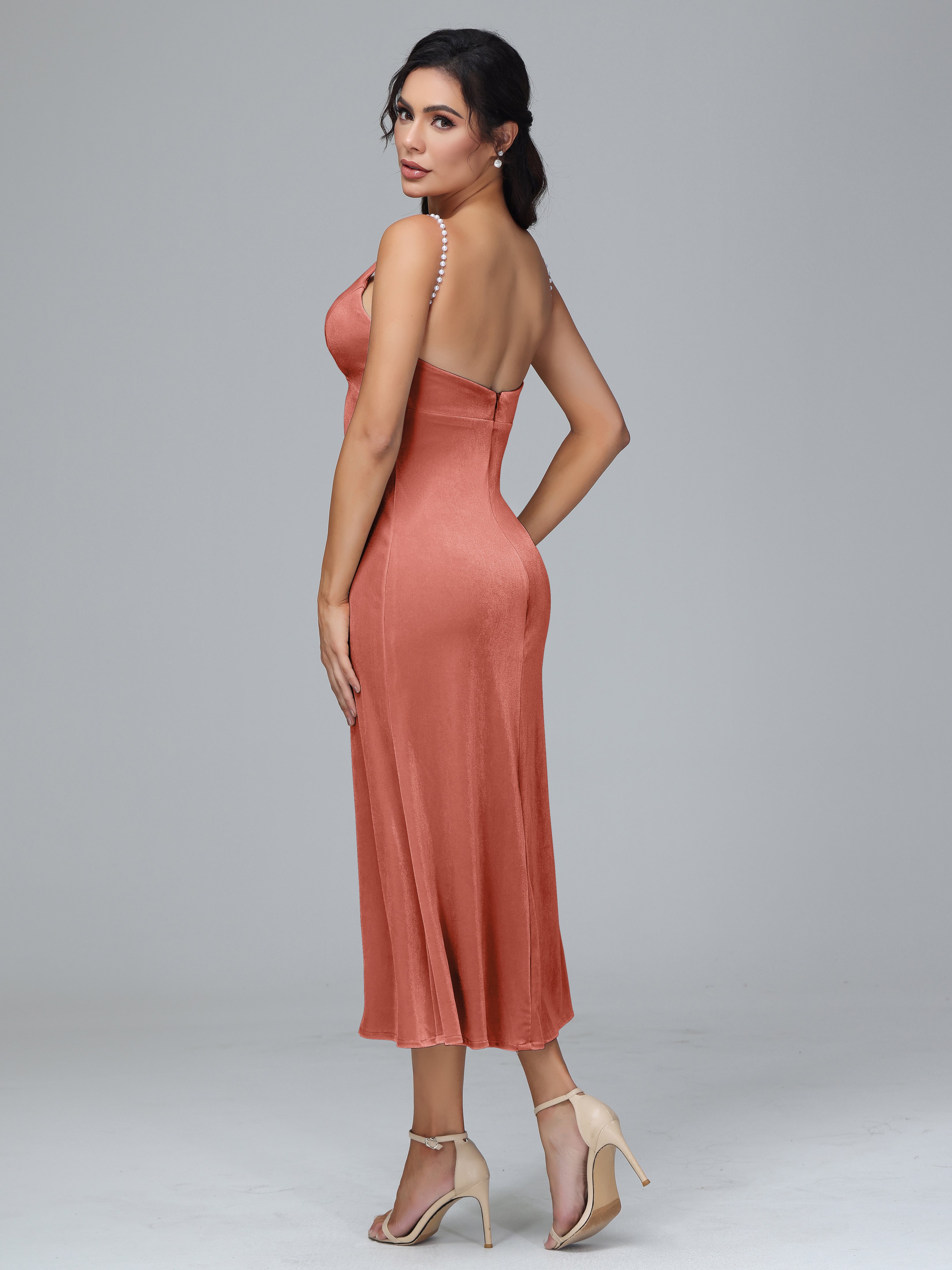 Spaghetti Straps V-Neck Tea Length Plus Size Bridesmaid Dresses