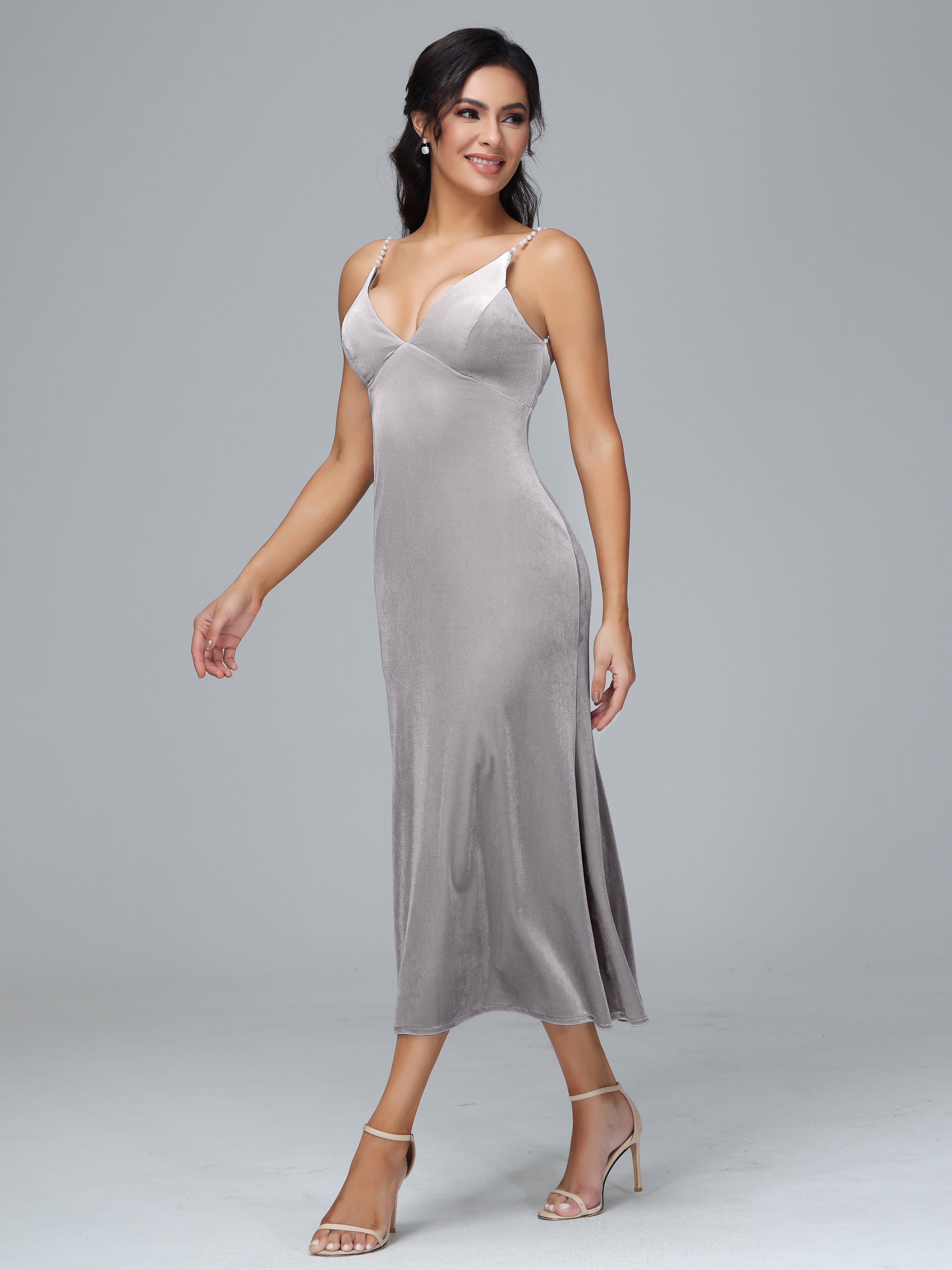 Spaghetti Straps V-Neck Tea Length Velvet Dresses