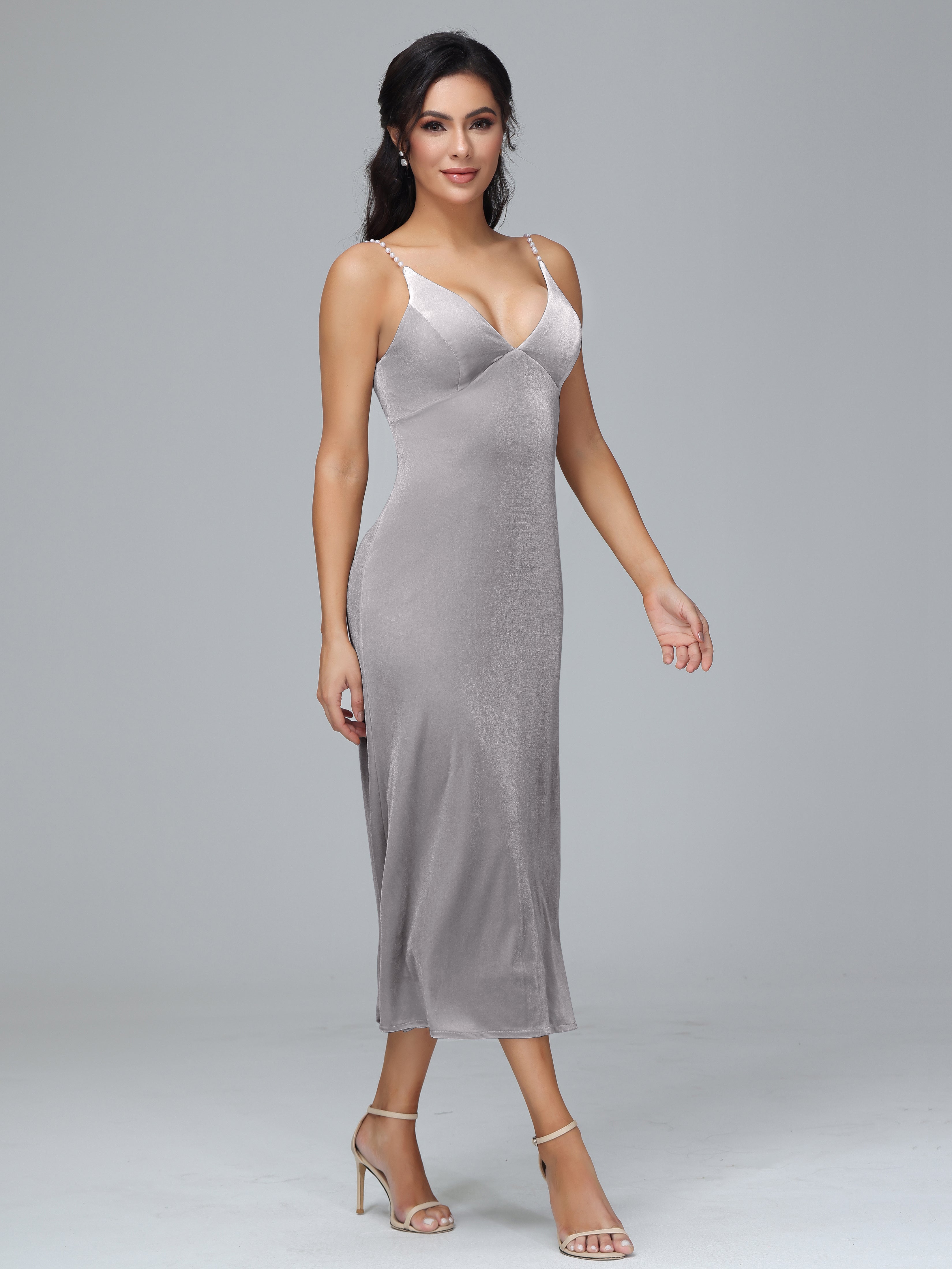 Spaghetti Straps V-Neck Tea Length Plus Size Bridesmaid Dresses