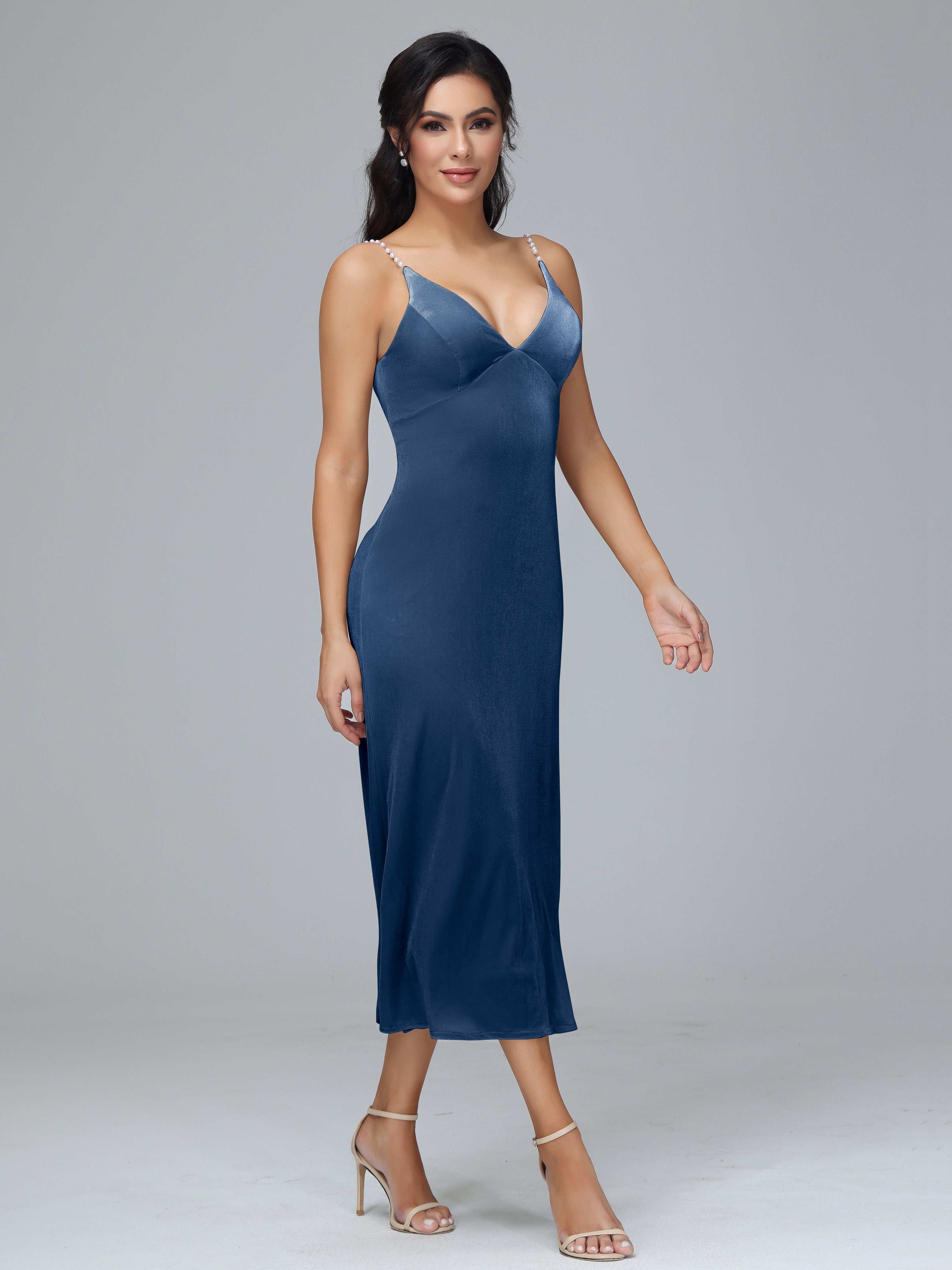 Spaghetti Straps V-Neck Tea Length Plus Size Bridesmaid Dresses