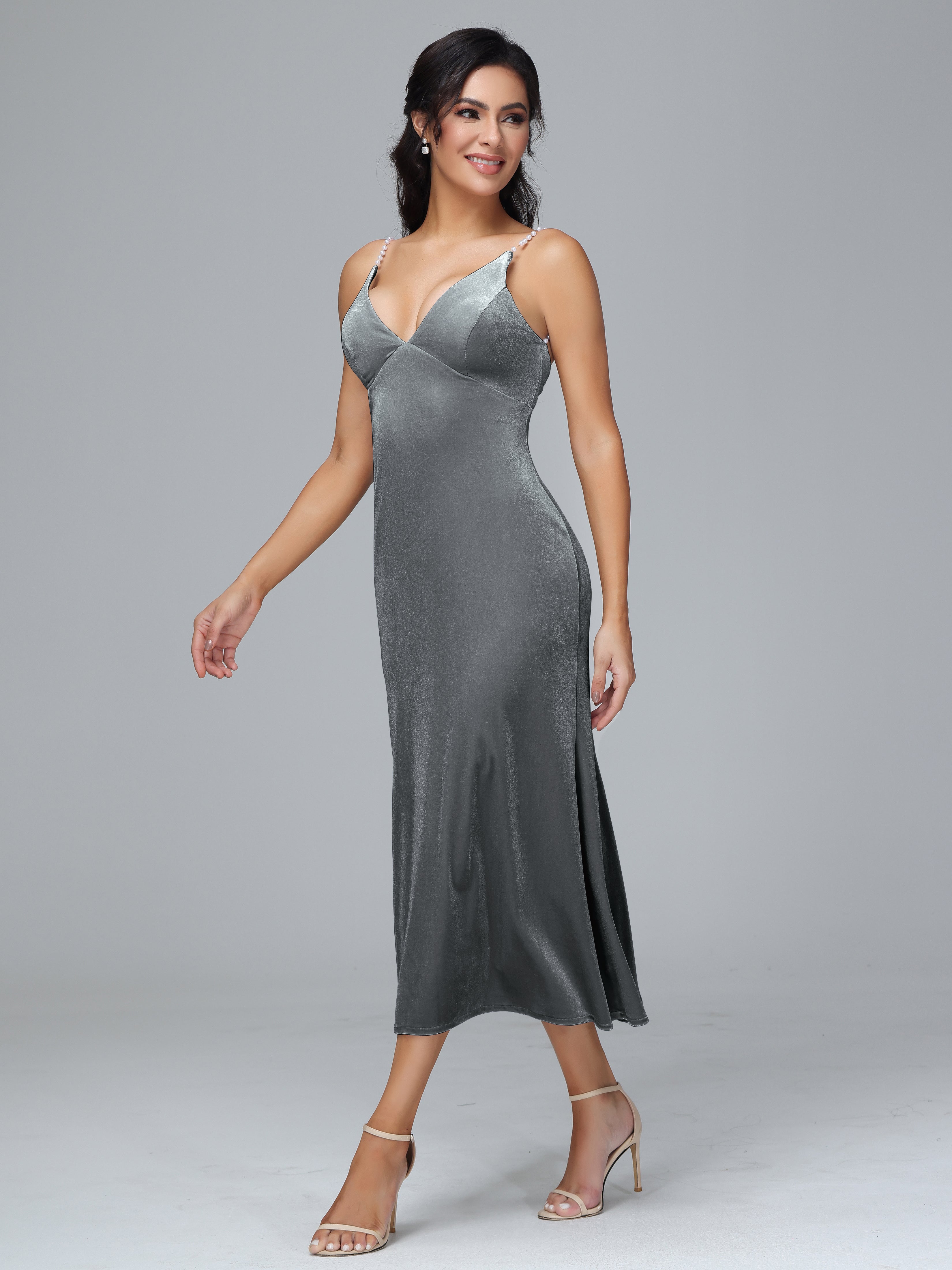 Spaghetti Straps V-Neck Tea Length Velvet Dresses