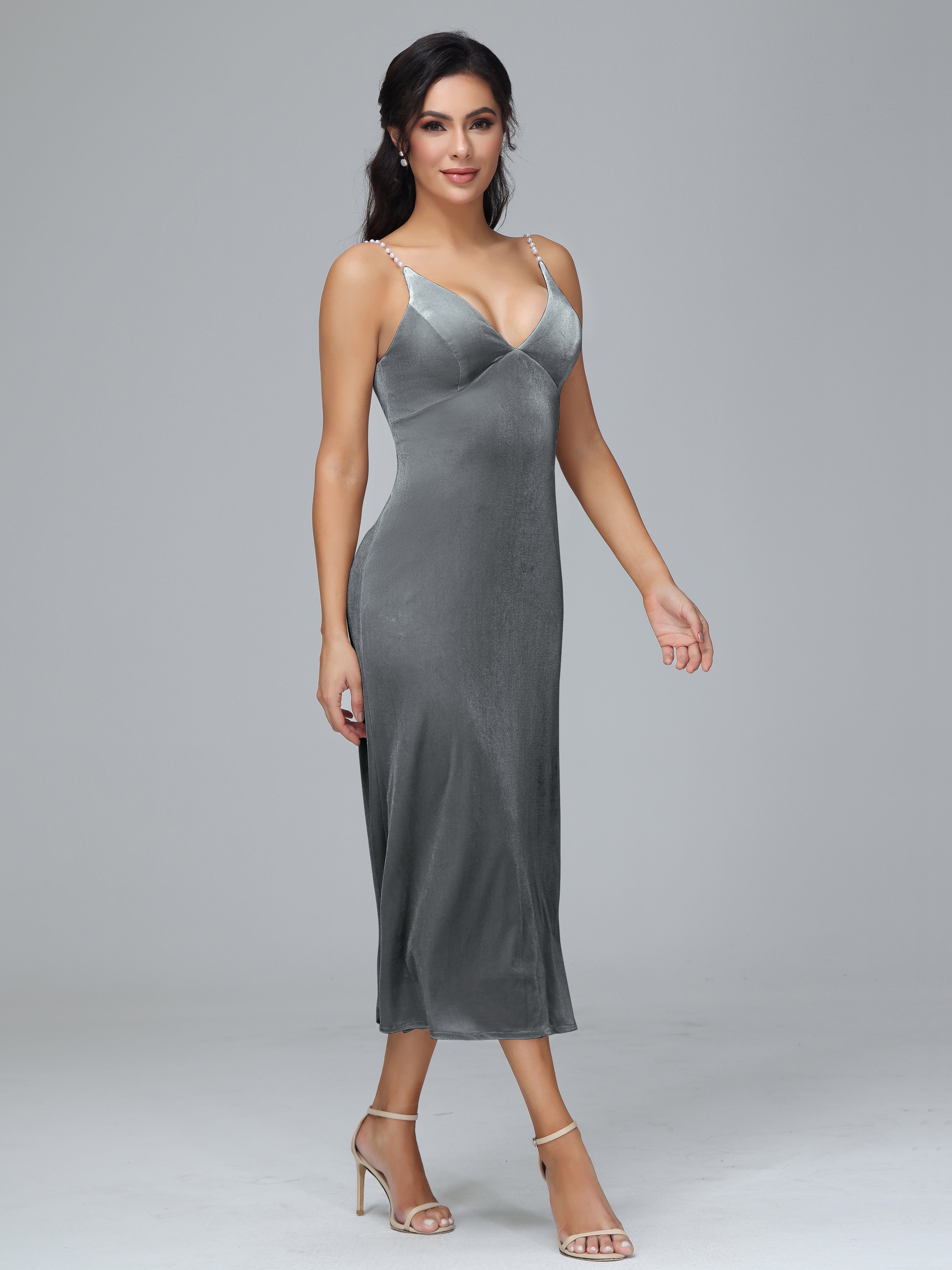 Spaghetti Straps V-Neck Tea Length Velvet Dresses