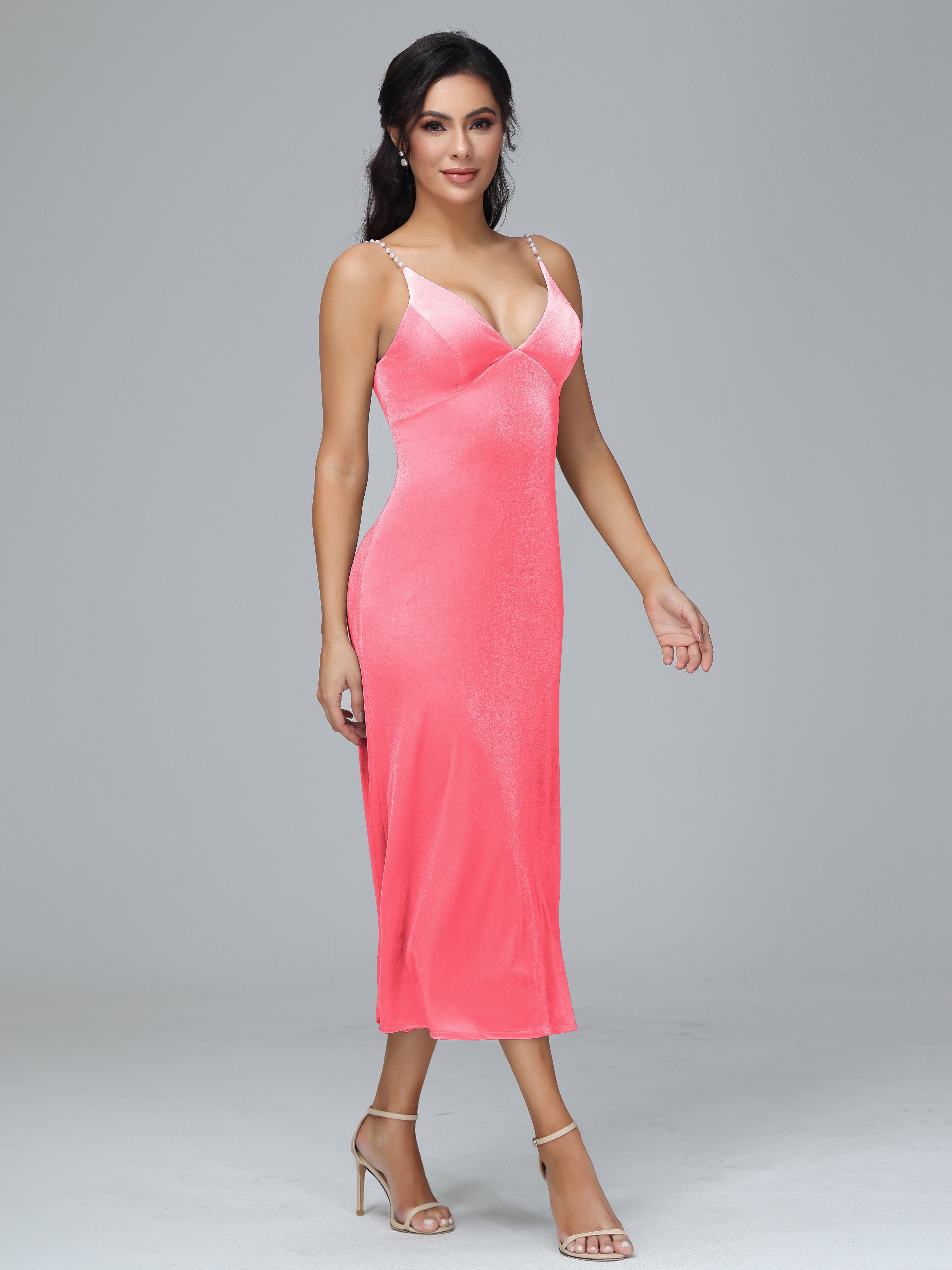 Spaghetti Straps V-Neck Tea Length Velvet Dresses