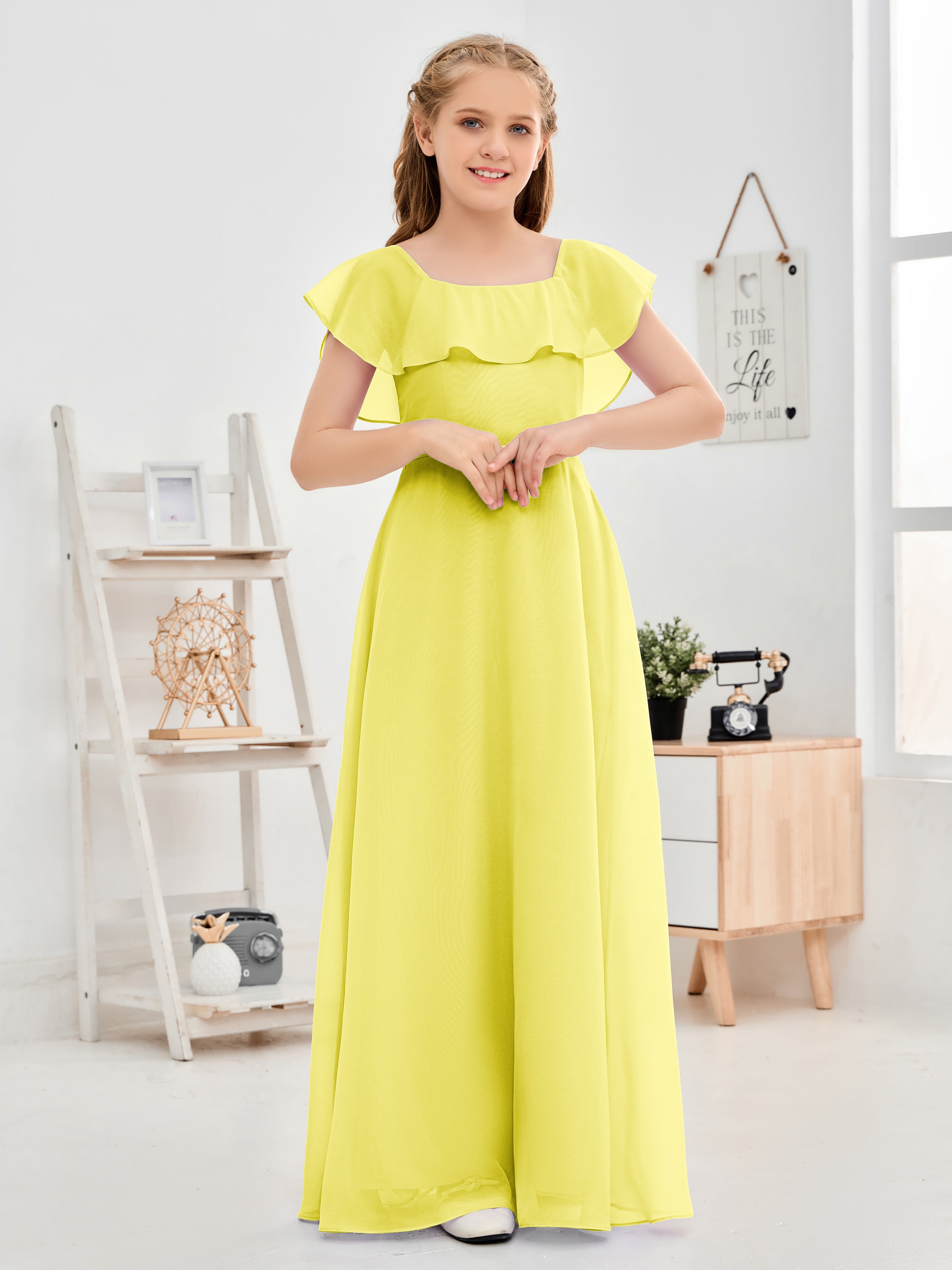 Square Neckline Ruffles Chiffon Junior Bridesmaid Dresses