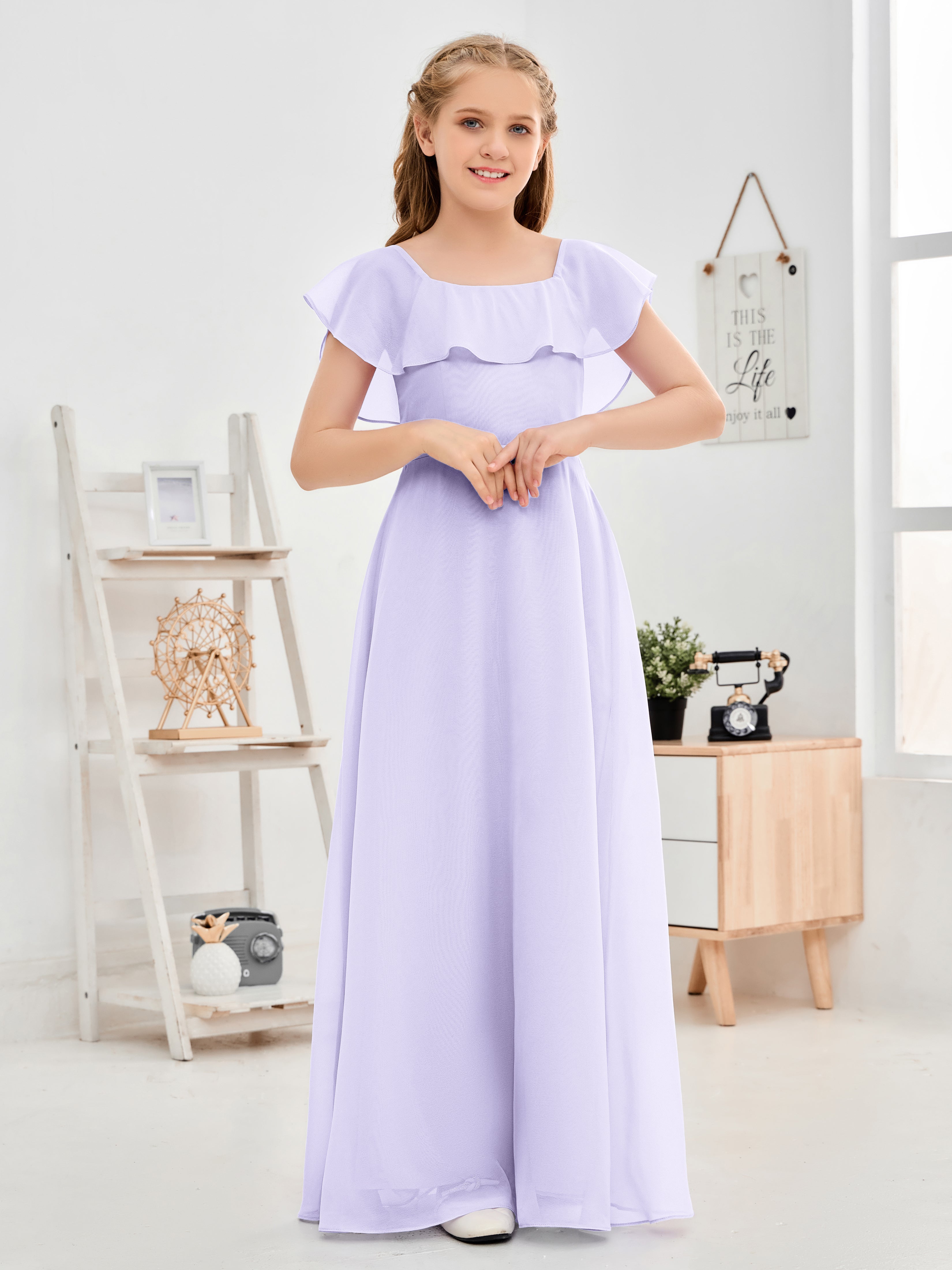 Square Neckline Ruffles Chiffon Junior Bridesmaid Dresses