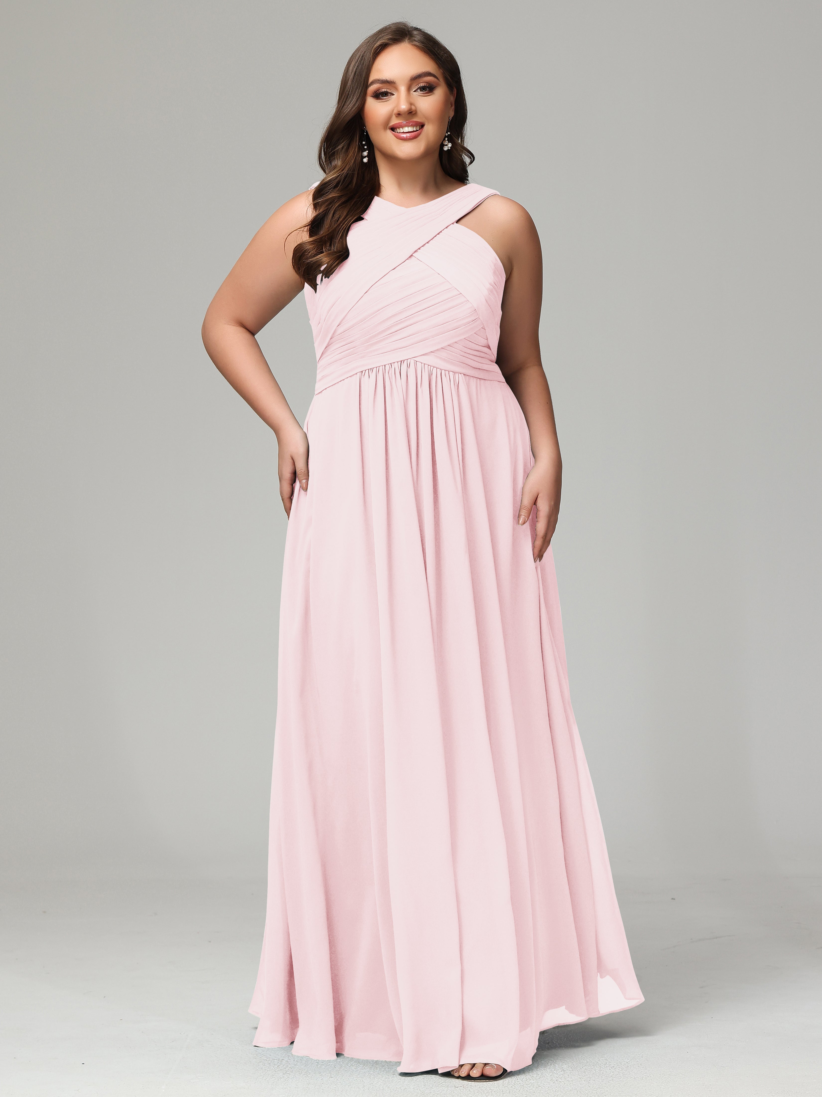 Pink Blush Bridesmaid Dresses Straps Pleats Chiffon Plus Size Bridesma