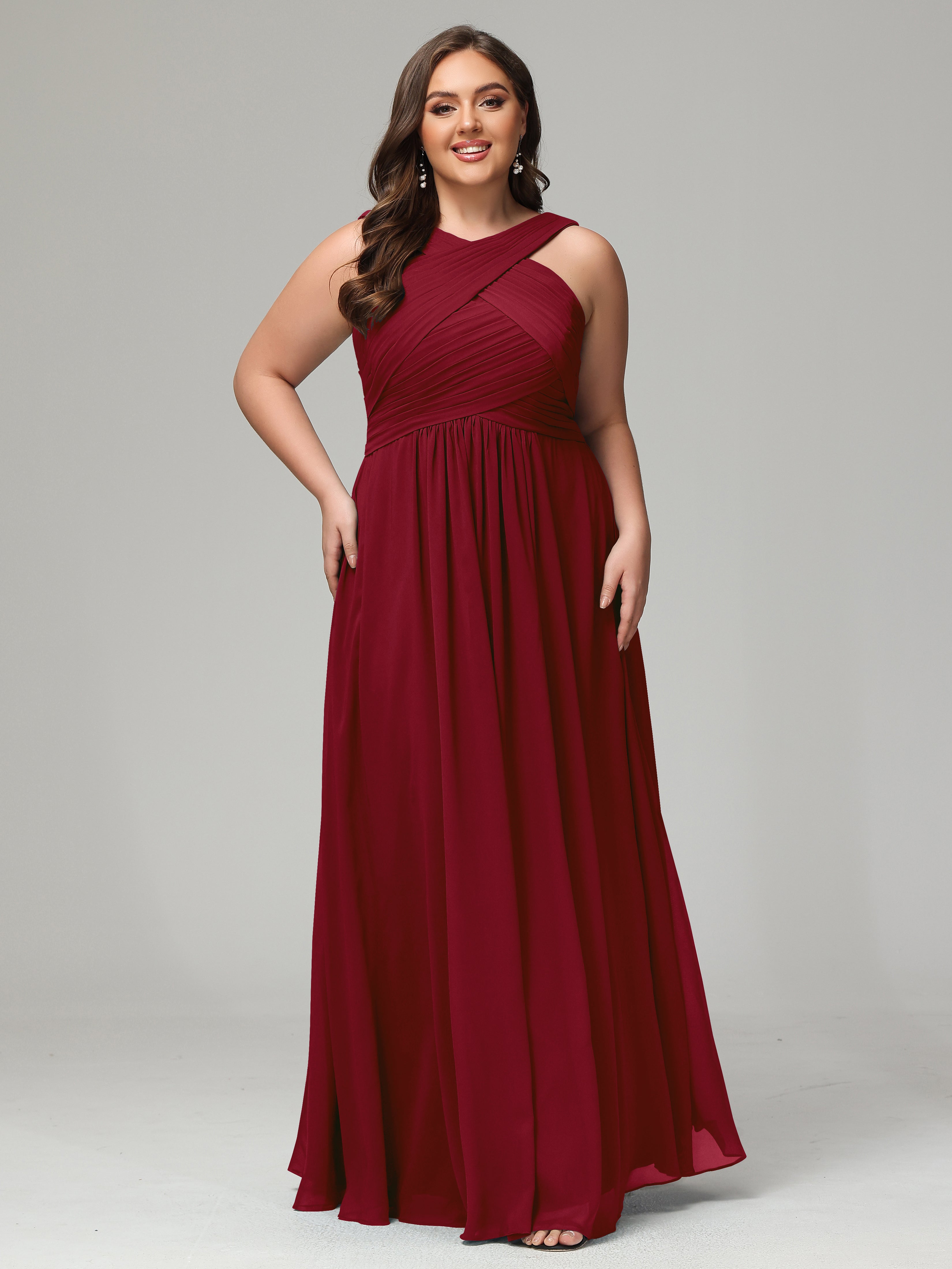 Burgundy Bridesmaid Dresses Straps Pleats Chiffon Plus Size Bridesmaid