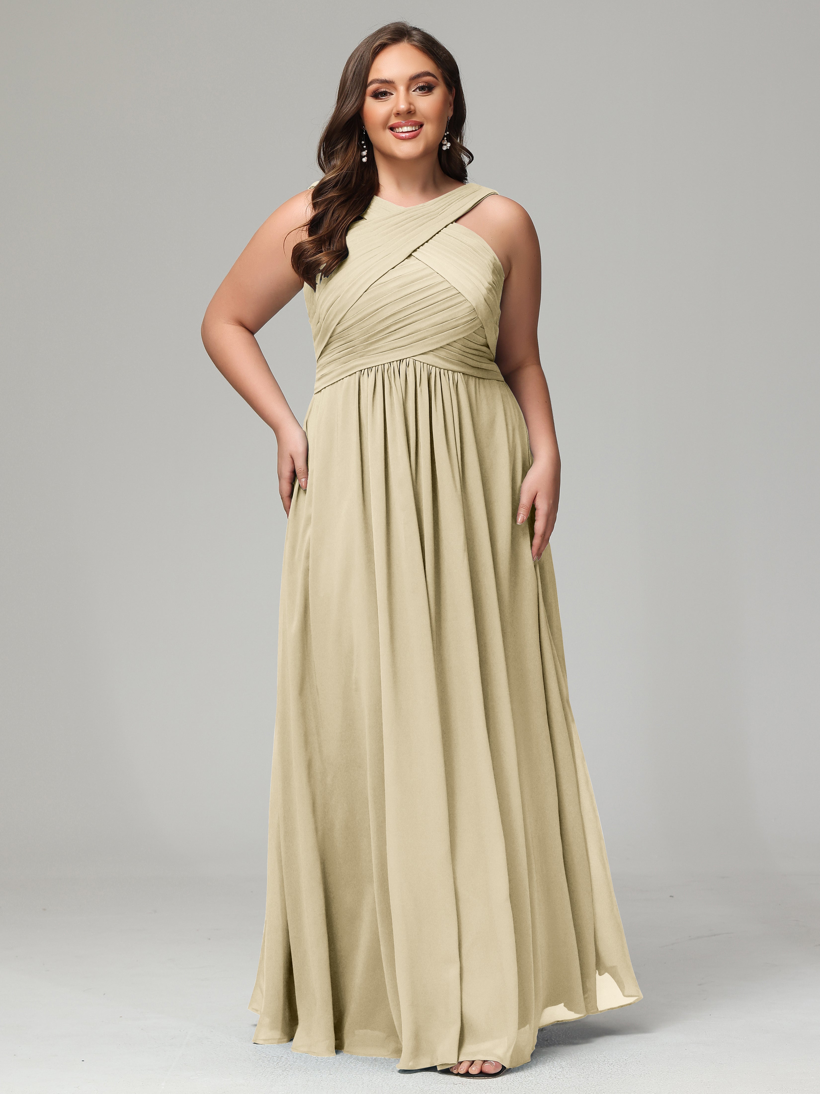 Champagne Bridesmaid Dresses Straps Pleats Chiffon Plus Size Bridesmai