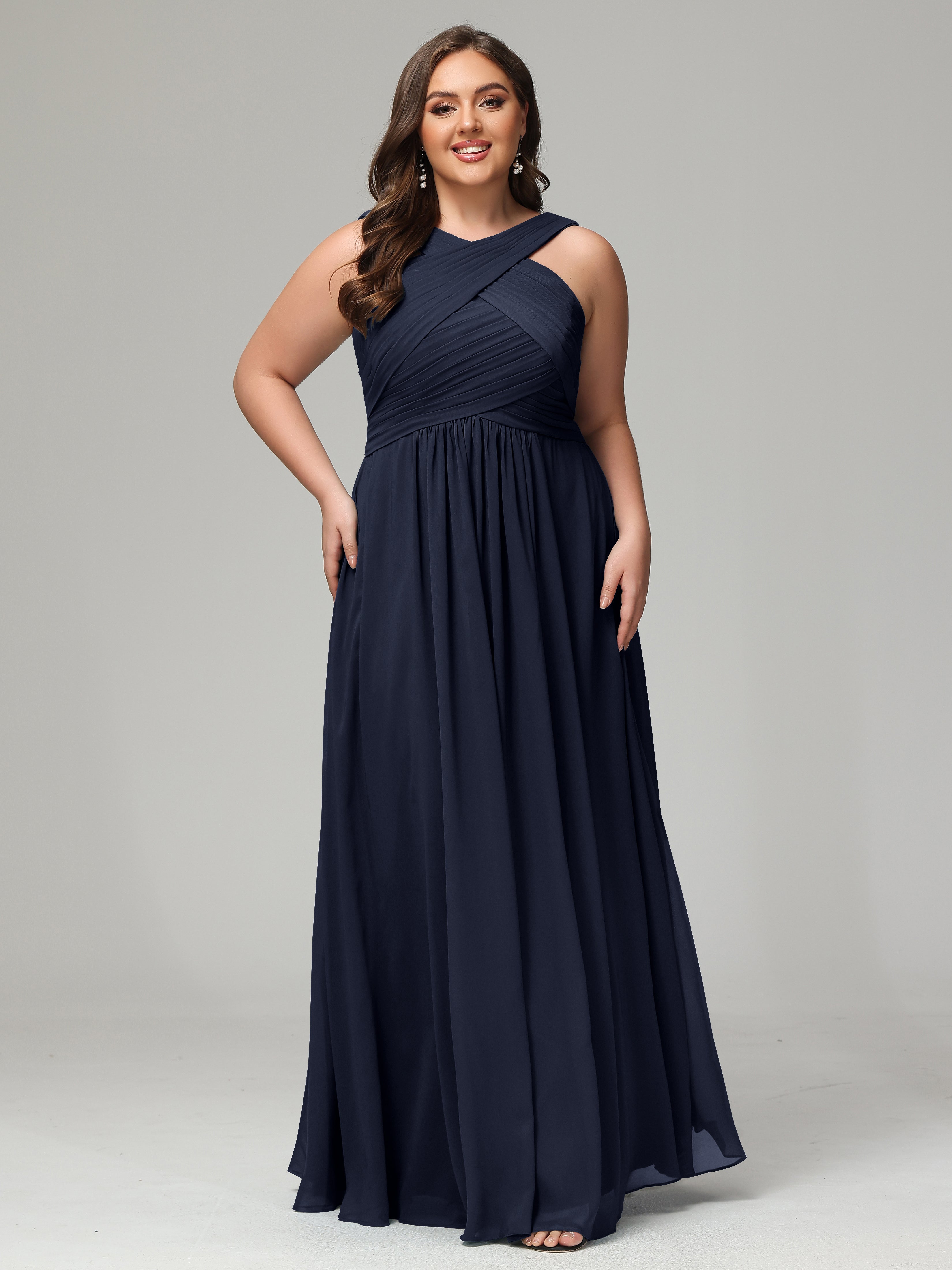 Dark Navy Bridesmaid Dresses Straps Pleats Chiffon Plus Size Bridesmai