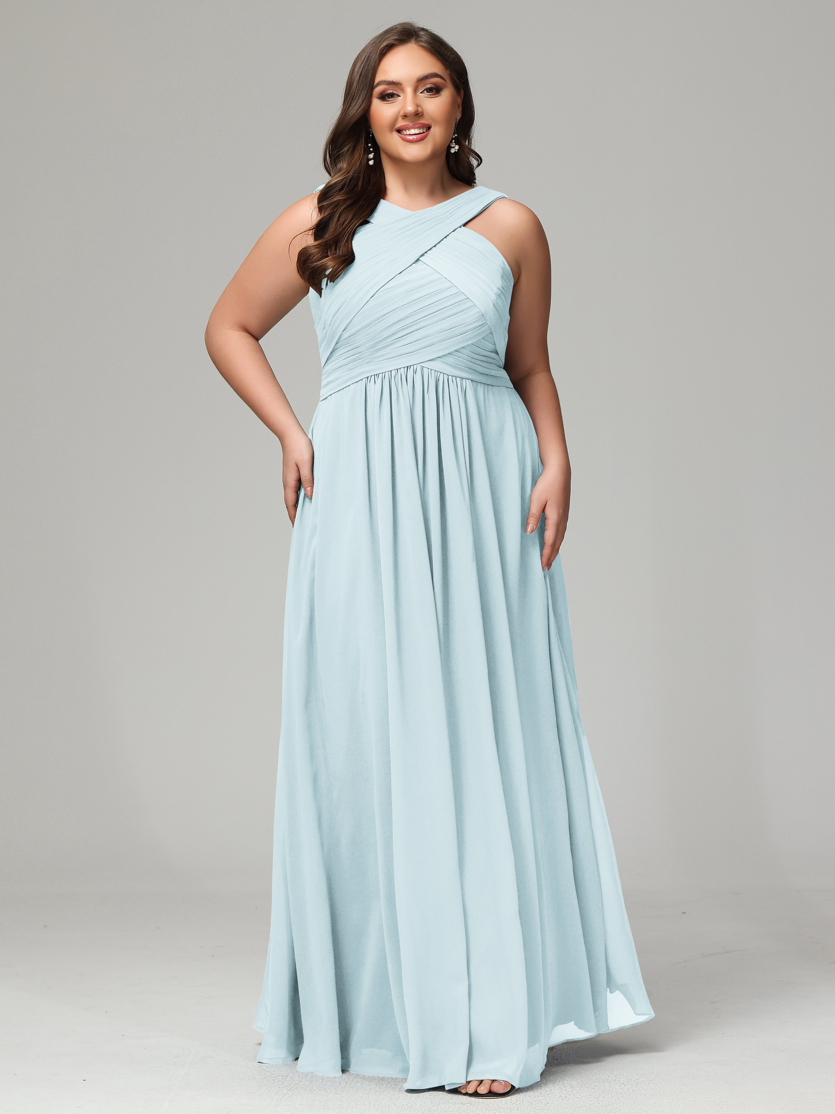 Mist Bridesmaid Dresses Straps Pleats Chiffon Plus Size Bridesmaid Dre