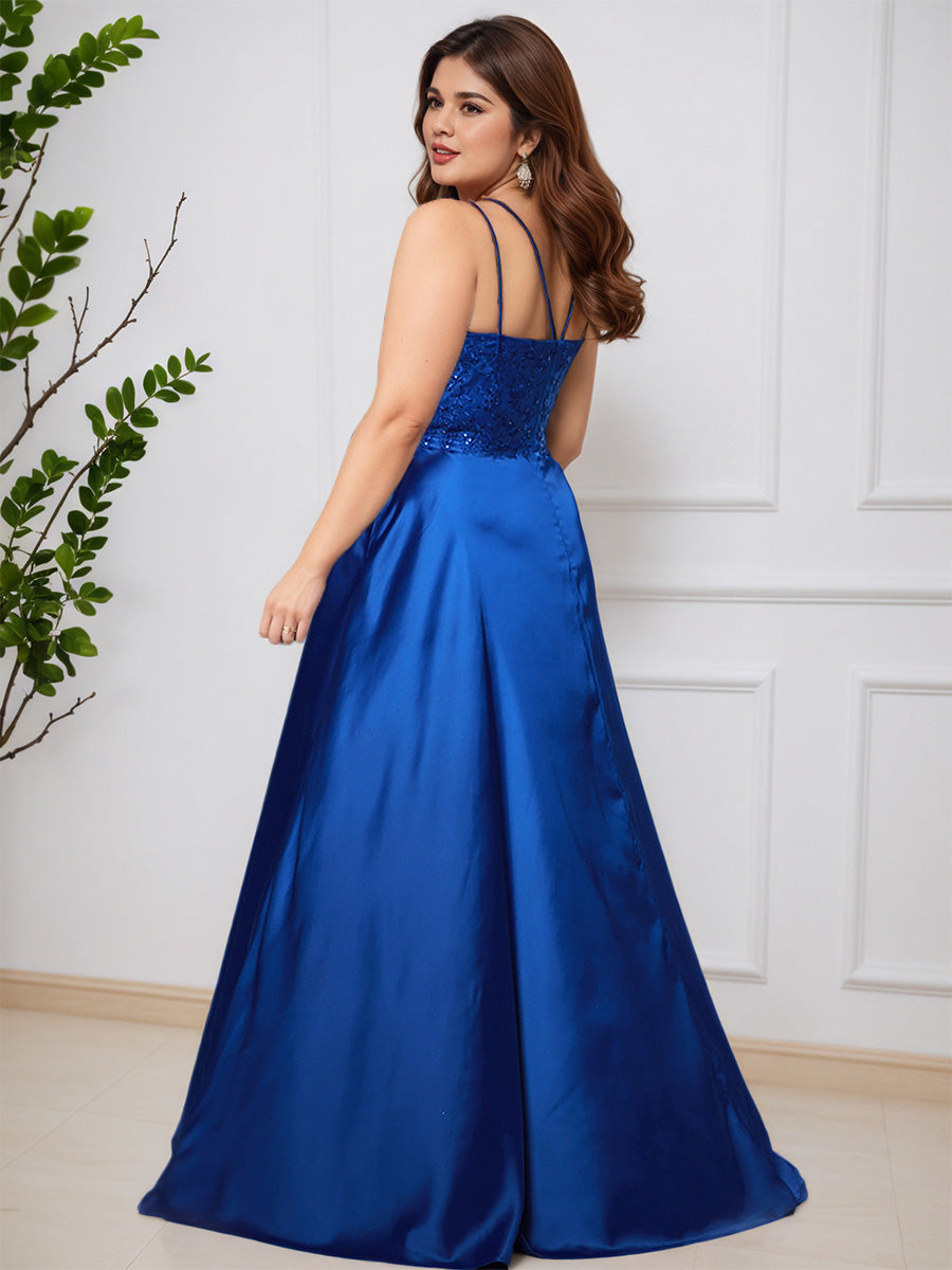 Cicinia Royal Blue Spaghetti Straps Long A-Line Plus Size Prom Dress with Sweep Train