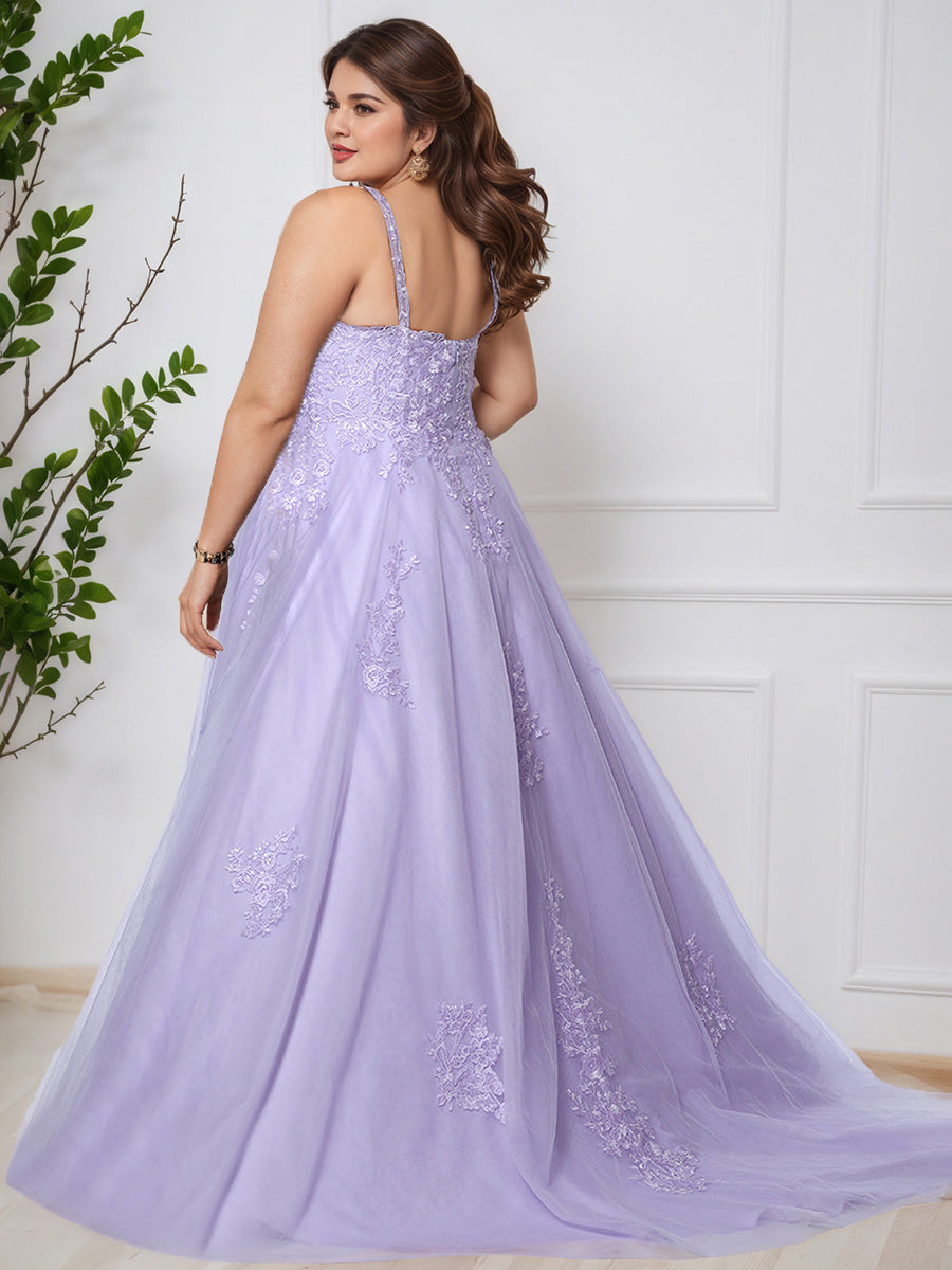 Cicinia Lilac Deep V Neck Sleeveless Lace Tulle Plus Size Princess Prom Dress with Sweep Train