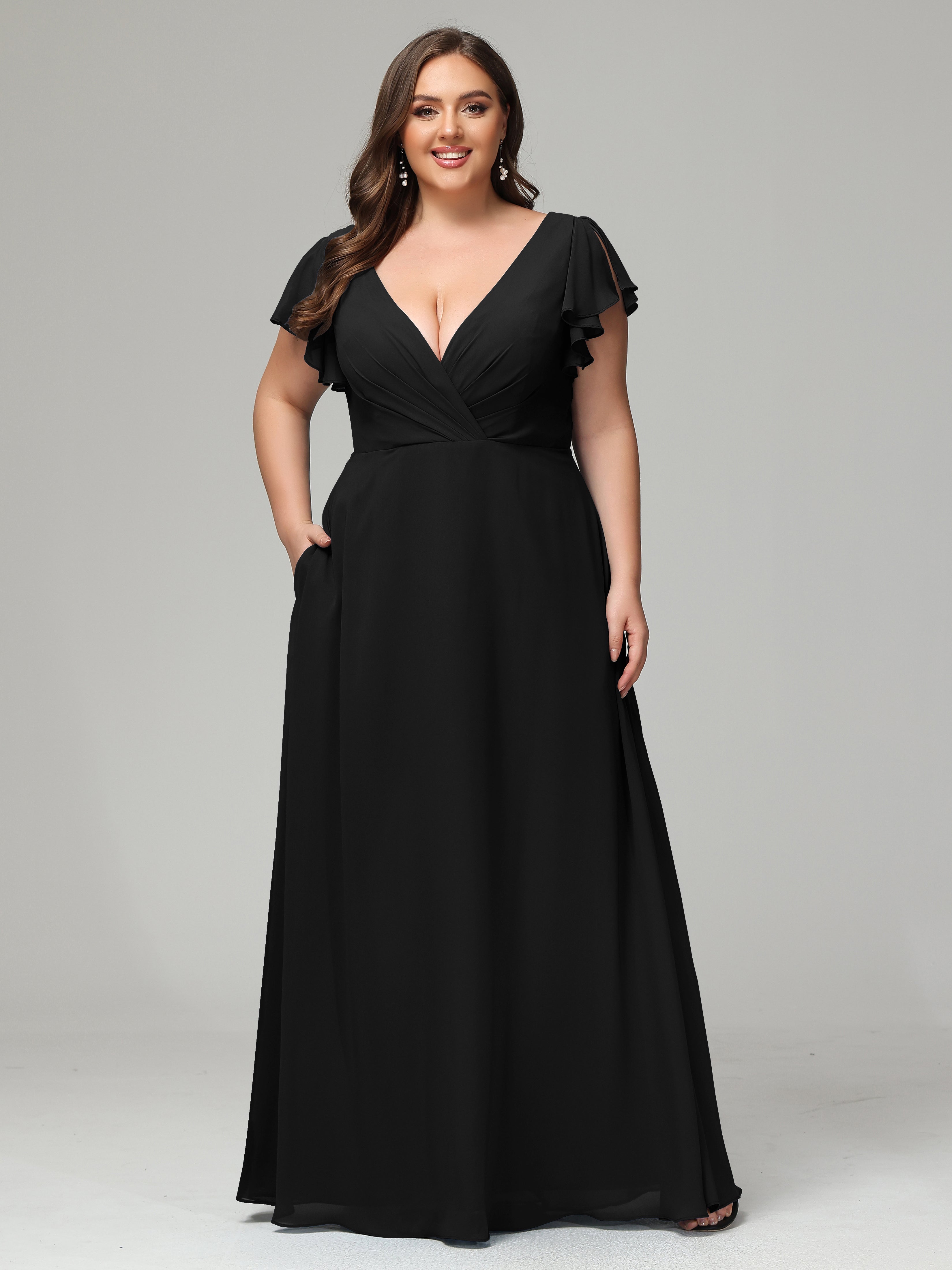 Bridesmaid Dresses Black V Neck Chiffon Plus Size Bridesmaid Dresses