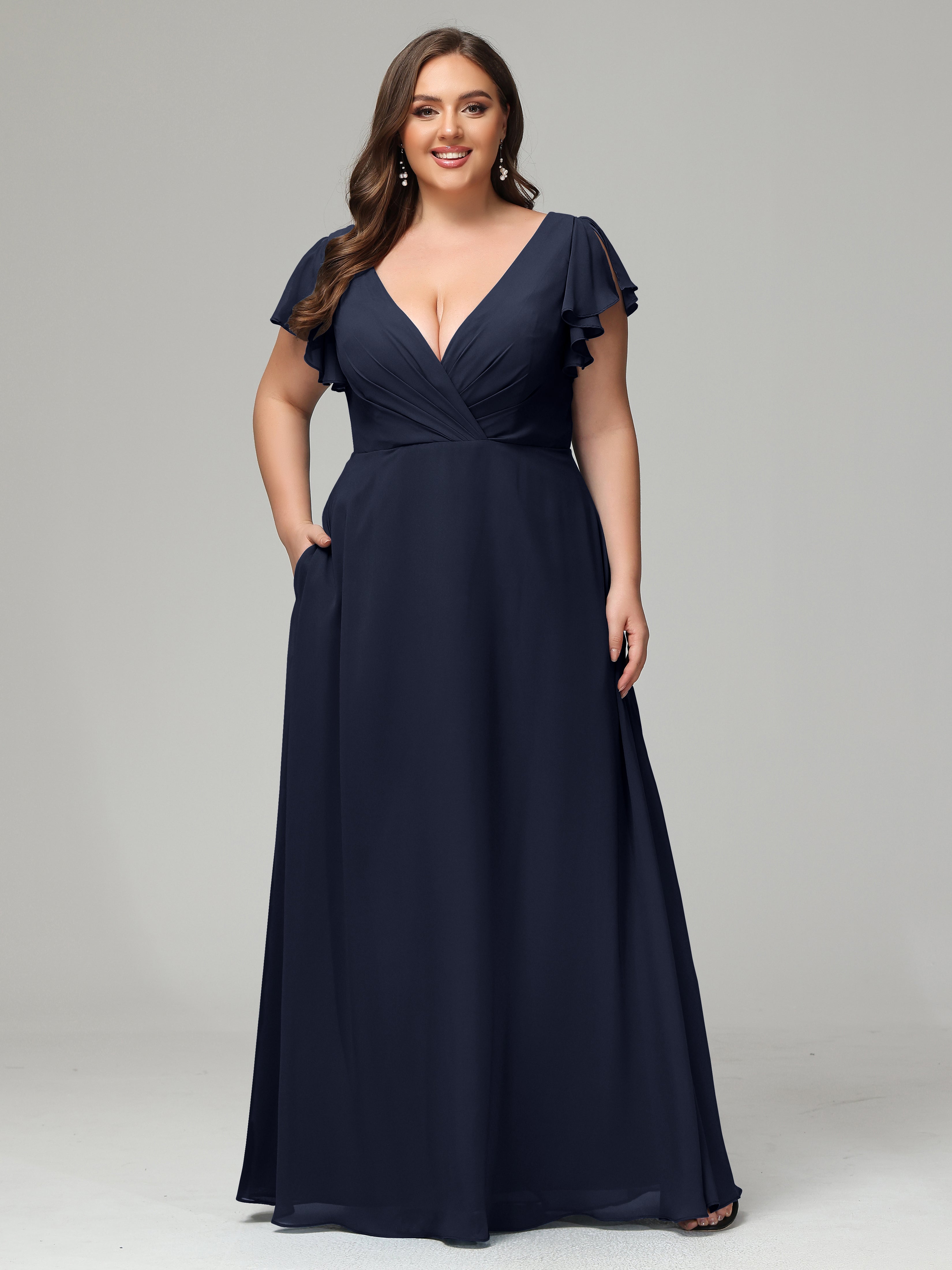 Dark Navy Blue Bridesmaid Dresses V Neck Chiffon Plus Size Bridesmaid