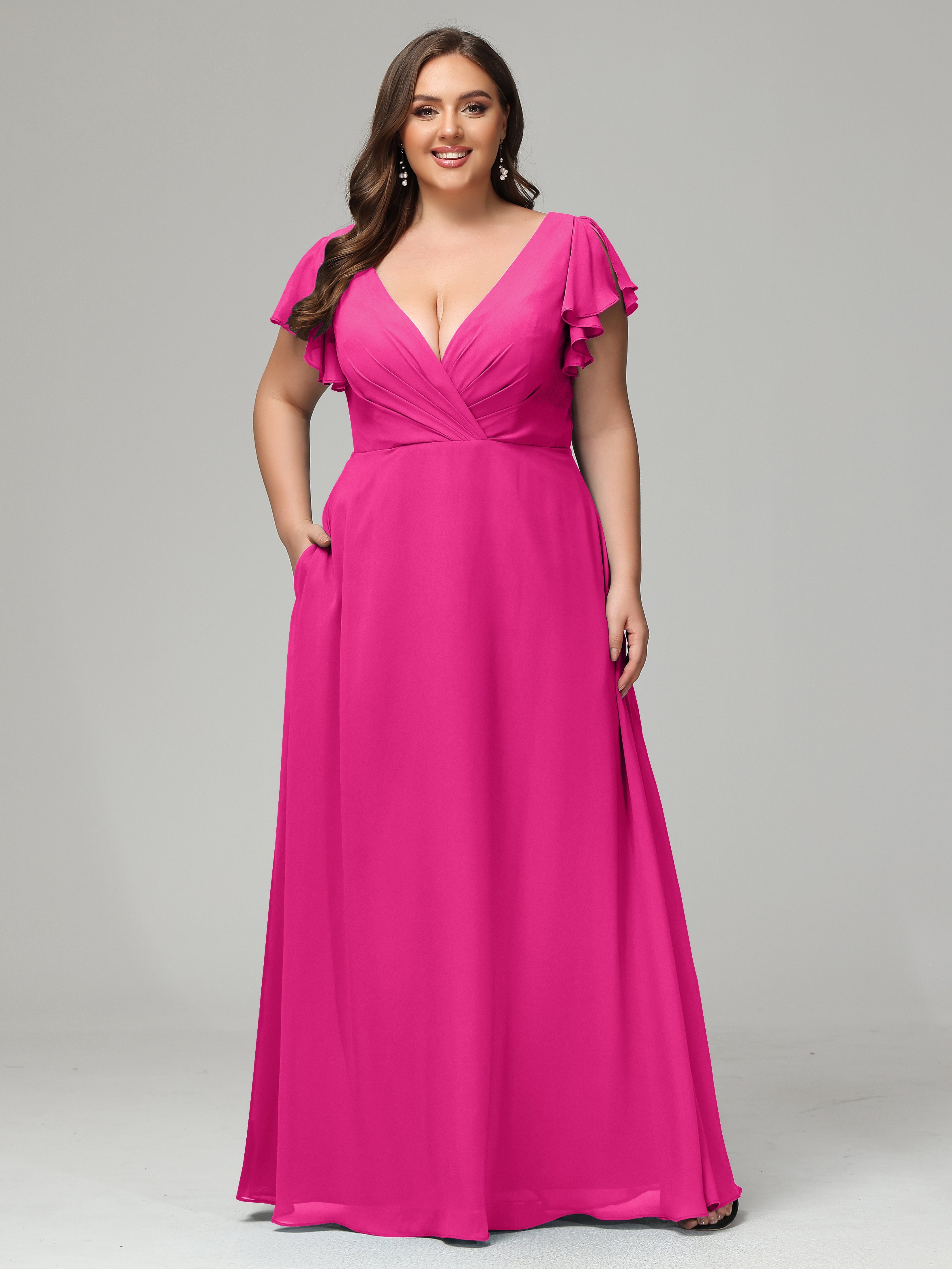 Fuchsia Pink Bridesmaid Dresses V Neck Chiffon Plus Size Bridesmaid Dr