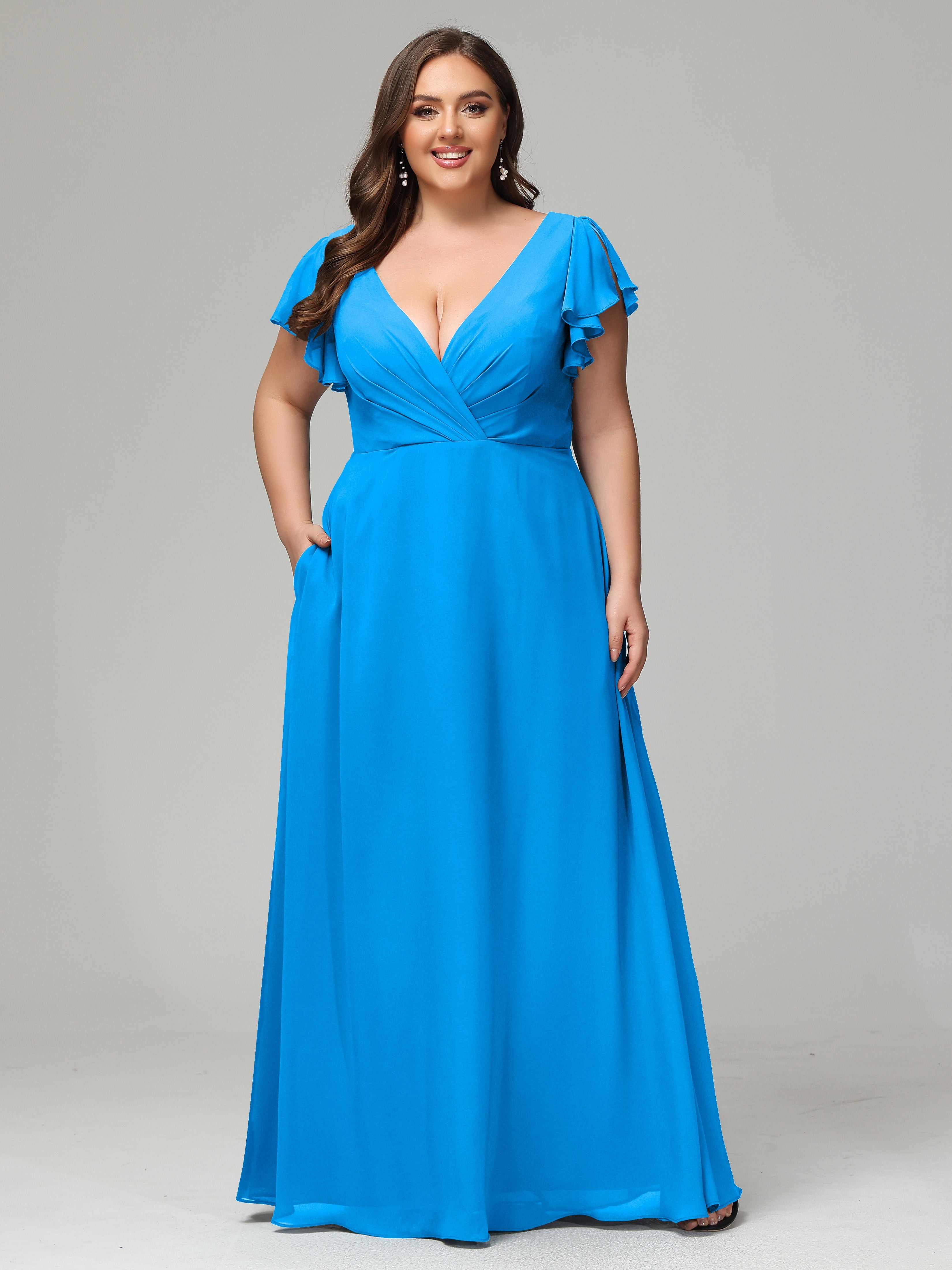 Bridesmaid Dresses Ocean Blue V Neck Chiffon Plus Size Bridesmaid Dres