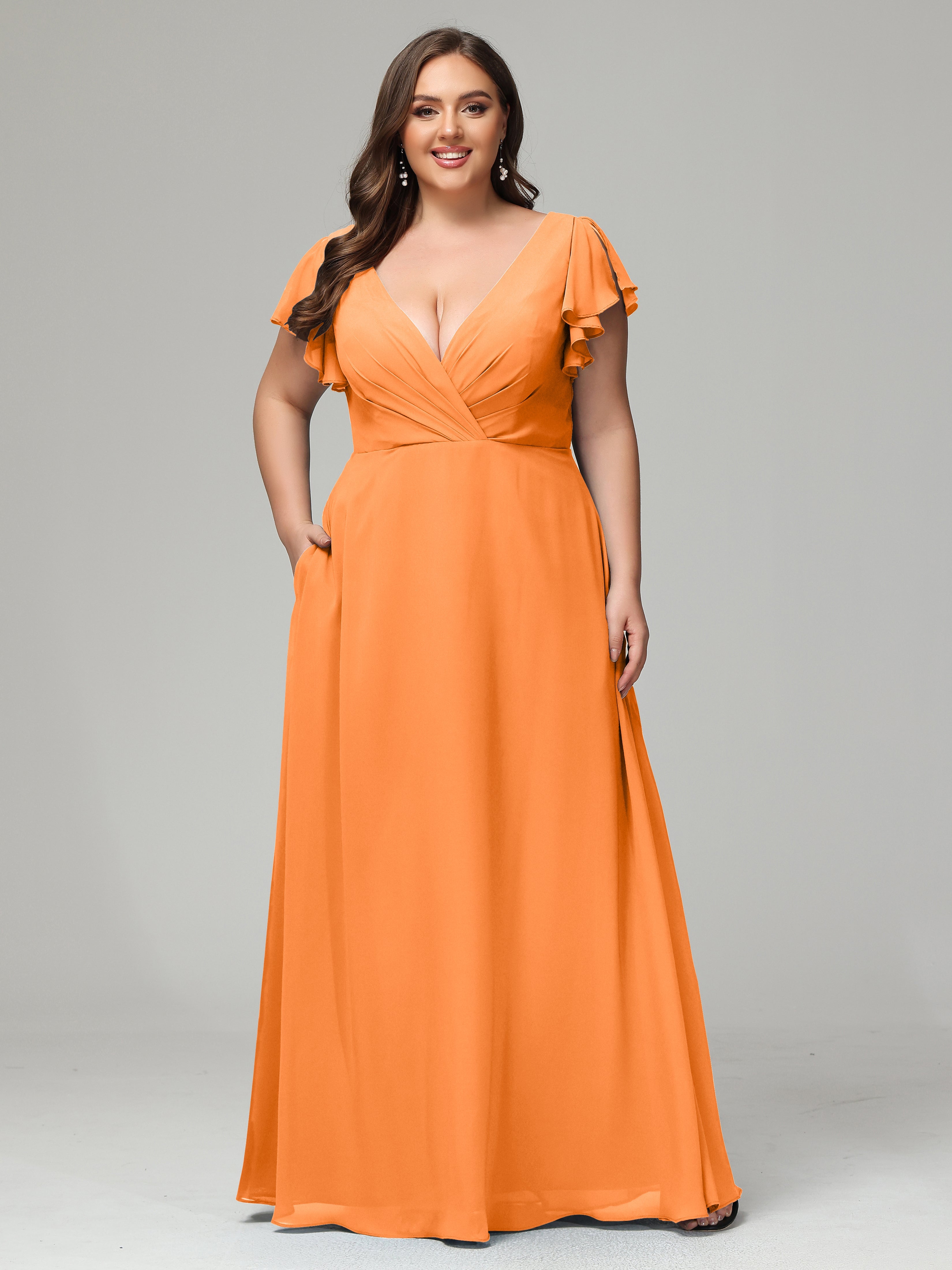 Bridesmaid Orange Dress V Neck Chiffon Plus Size Bridesmaid Dresses