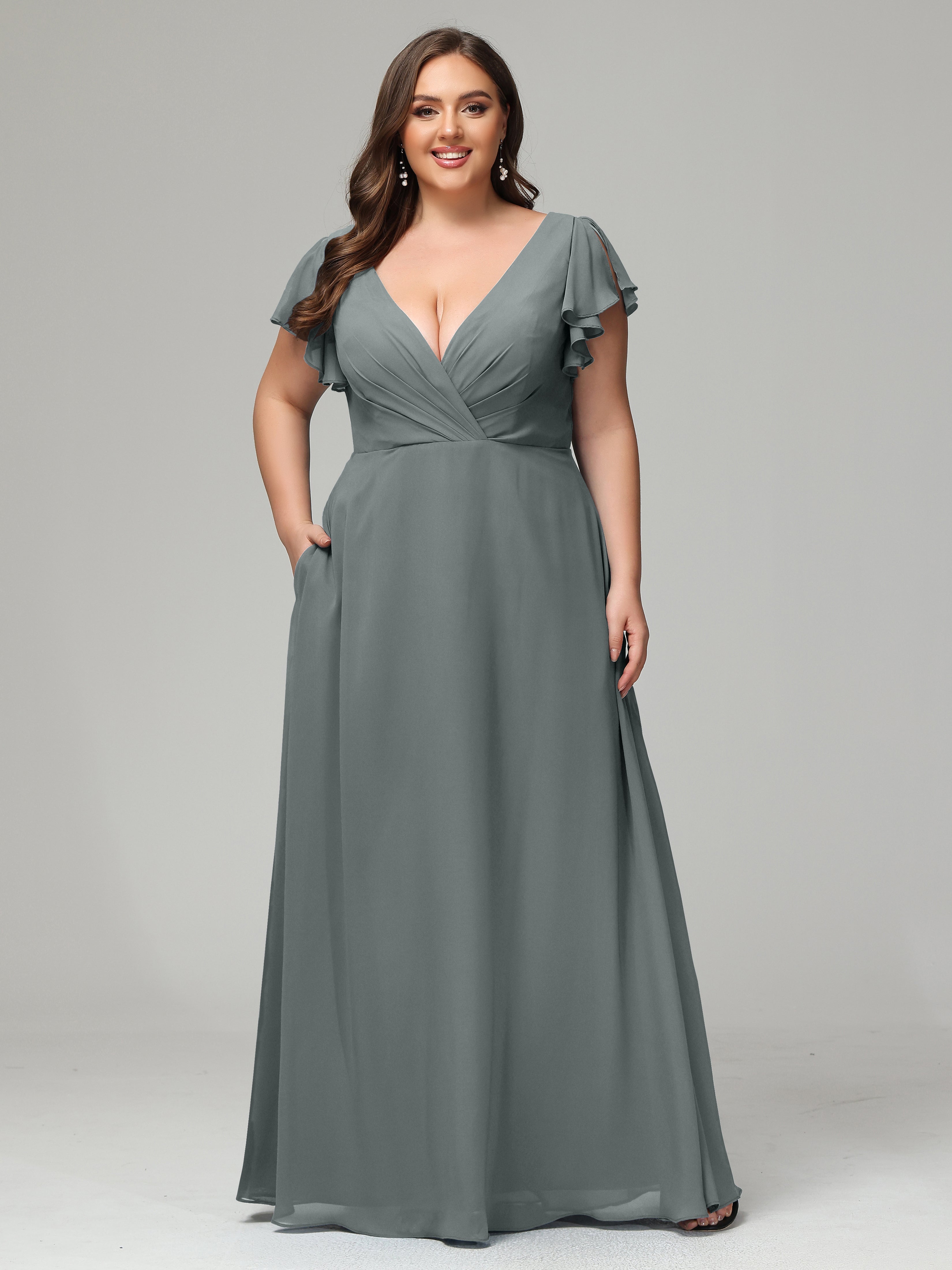 Steel Grey Bridesmaid Dresses Uk V Neck Chiffon Plus Size Bridesmaid D