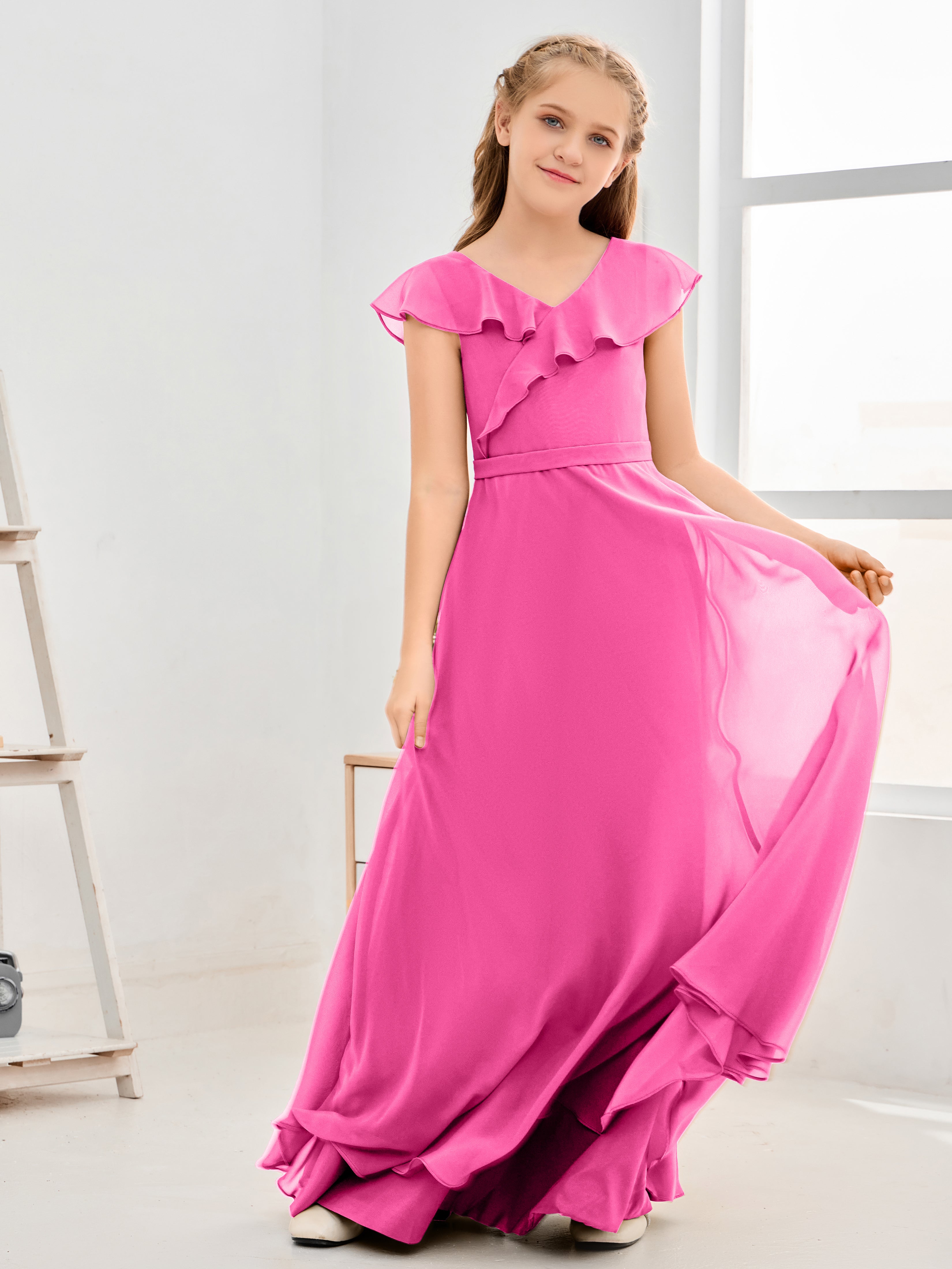 V Neck Ruffles Chiffon Junior Bridesmaid Dresses
